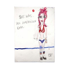 Amerikanisches amerikanisches Mädchen, Graphit-Tinte-Gemälde, japanisches Aquarell auf Papier von Brad Fisher