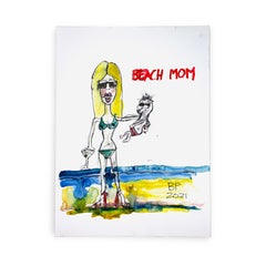 „Beach Mom“ Gemälde in Mischtechnik auf Papier von Brad Fisher, REP von Tuleste Factory