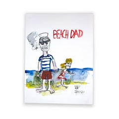 "Beach Dad" Figurative Ink Japanese Watercolor Painting on Paper by Brad Fisher