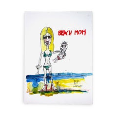 Beach Mom Ink and Japanese Watercolor Modern Painting on Paper by Brad Fisher