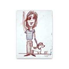 French Teen Avec Chien Rust Charcoal Ink & Watercolor on Paper by Brad Fisher