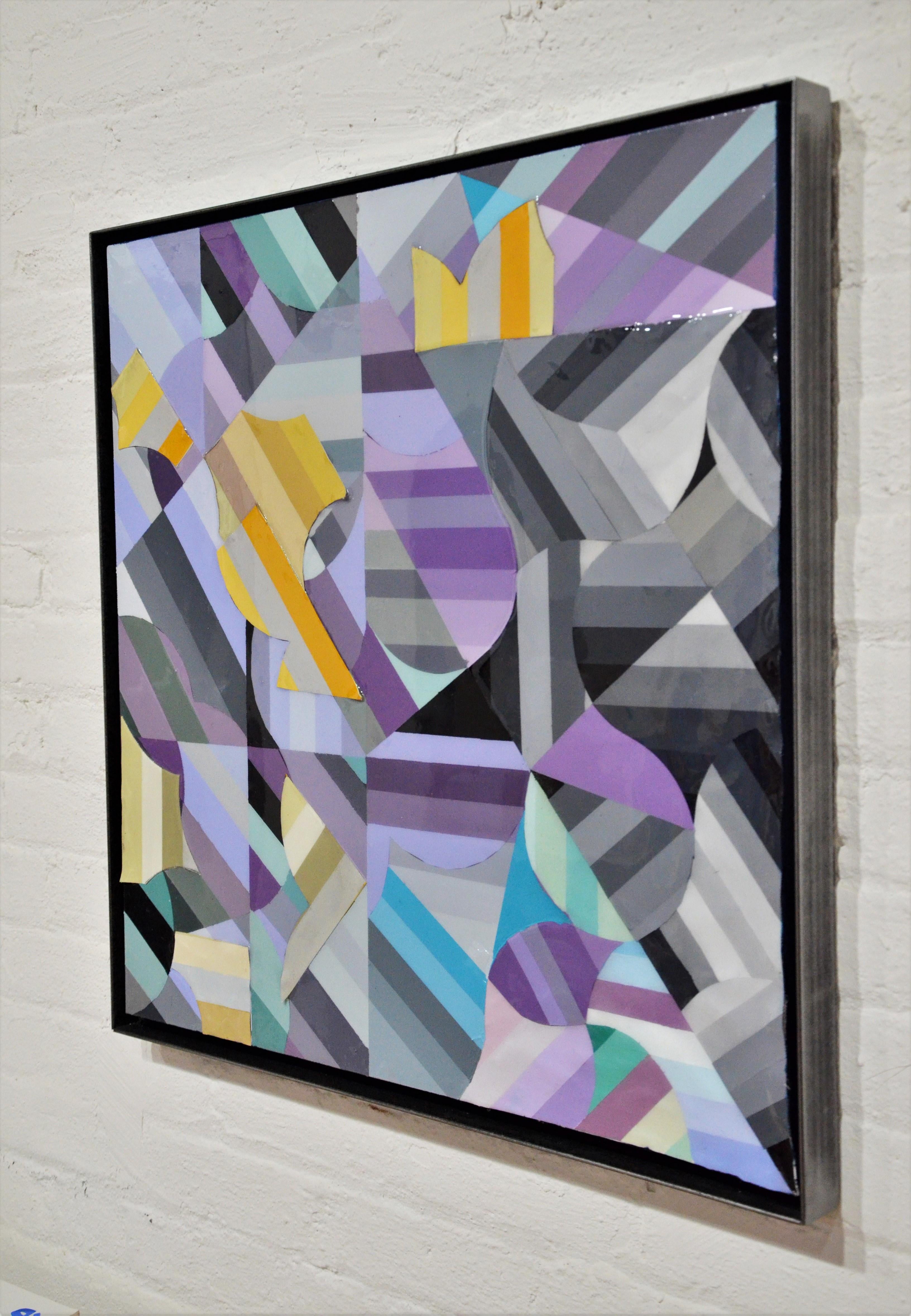 “Libra Full Moon”
25 inches x 35 inches
Acrylic and Latex pieces in a resin pour on canvas
Silver Gunmetal Floating Frame

Geometric abstract painting contrasting shades of gray with vivid tones of blue, violet, and yellow; created by artist Edward
