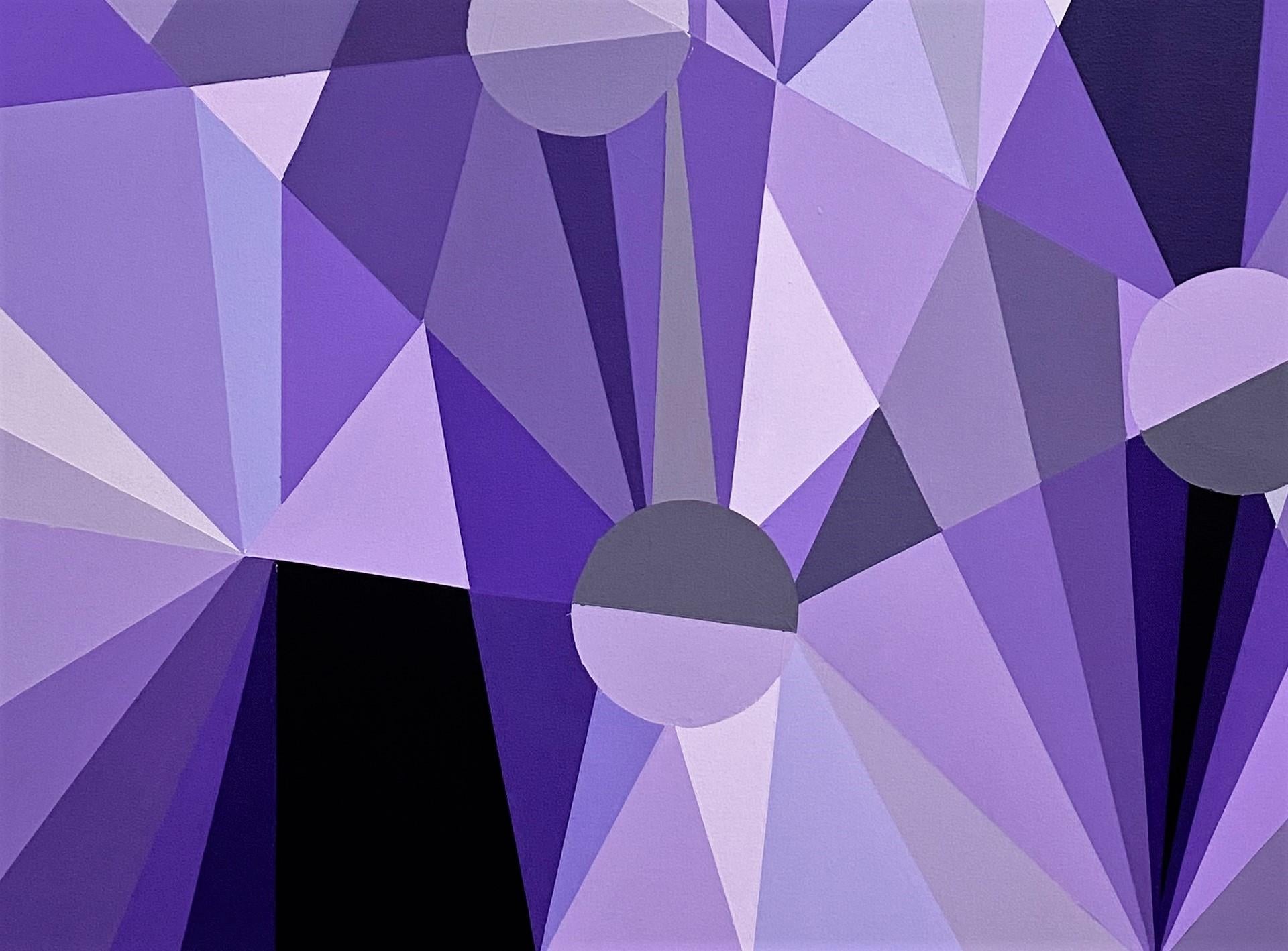 “Drops of Amethyst”
30 inches x 30 inches
Amethyst Coated Acrylic Paint in Resin Pour on Canvas

Geometric abstract painting combining shades of violet and gray by artist Edward Granger. Sharp shapes are contrasted by five circles in the painting.