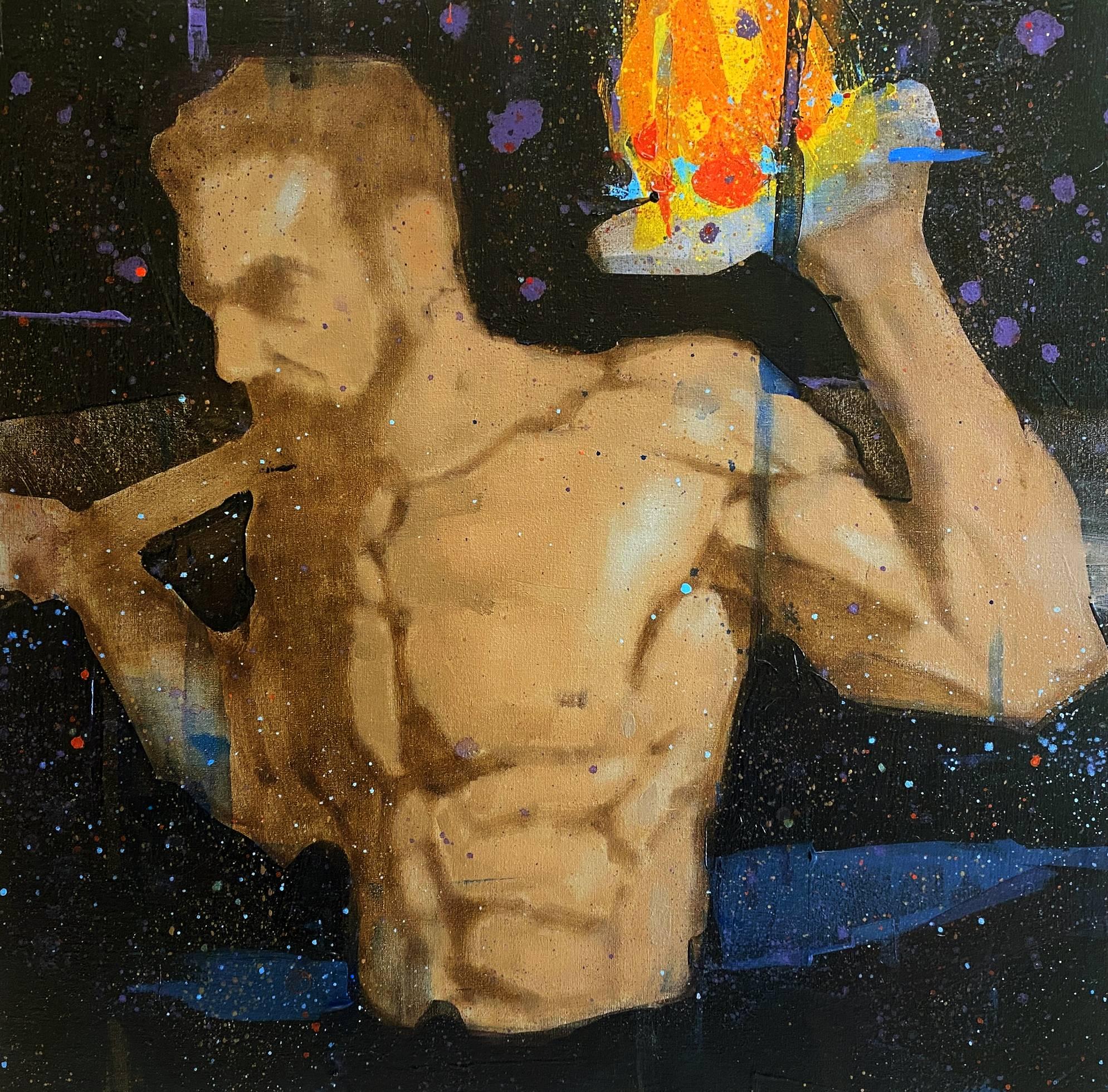 This oil painting depicts a strong, muscled male figure holding fire in one hand and a stick object in the other. The man's torso is nude with defined musculature. The bearded face of the man's gaze is ahead and slightly downward against a dark blue