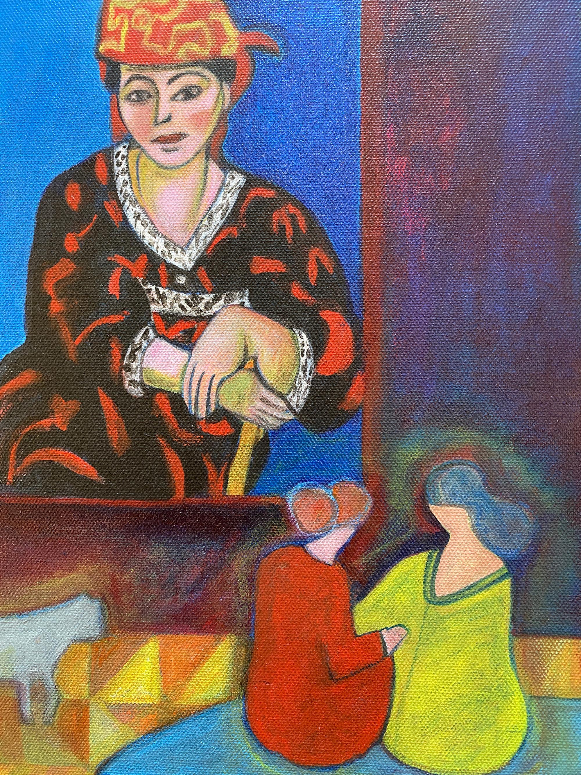 From the 'Museum Musings' series.

This is a brightly colored joyful painting, with blues, yellows and reds featured predominantly, with three female figures and a cat in the foreground space of a museum. The figures and museum space are flattened