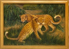 Antique 'Cheetahs on the Hunt Savannah Landscape' Oil on Canvas Painting by V. Reed