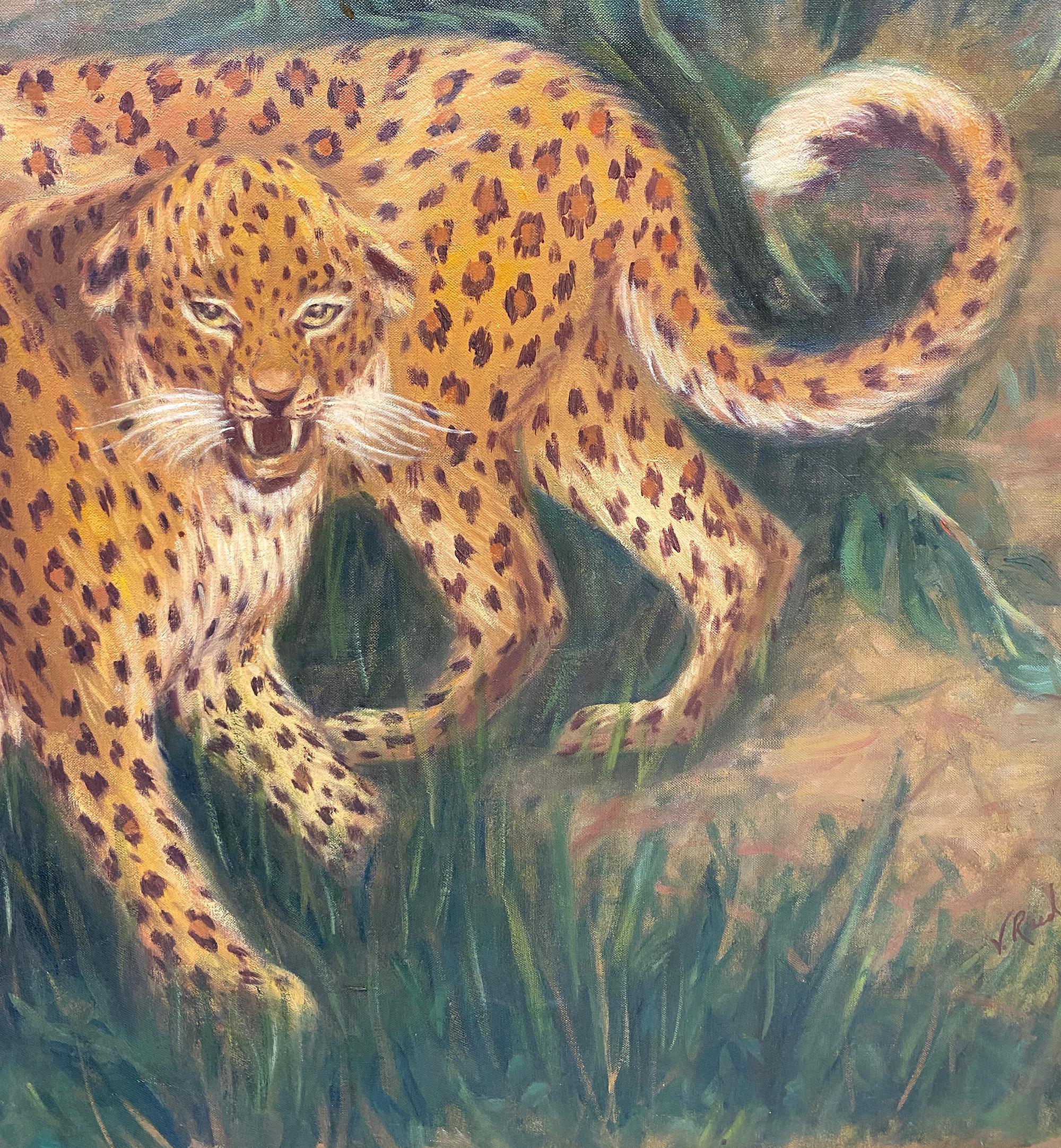 'Cheetahs on the Hunt Savannah Landscape' Oil on Canvas Painting by V. Reed 4