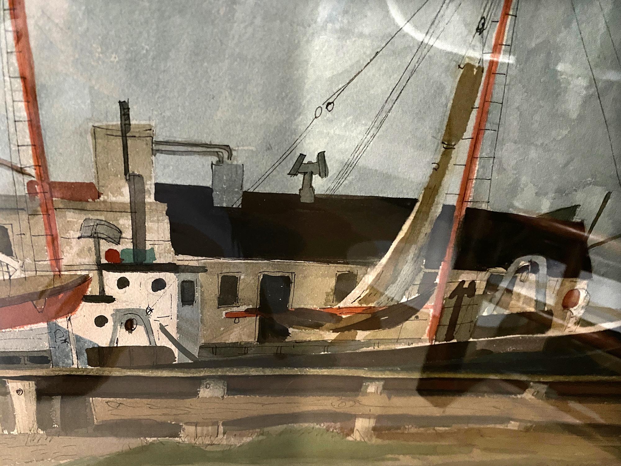 
In this New England wharf scene, Morris Blackburn composes a familiar assemblage of boats, dock, and  weathered, wooden buildings against a crisp blue morning sky with light clouds. His expert handling of the watercolor medium is evident with the