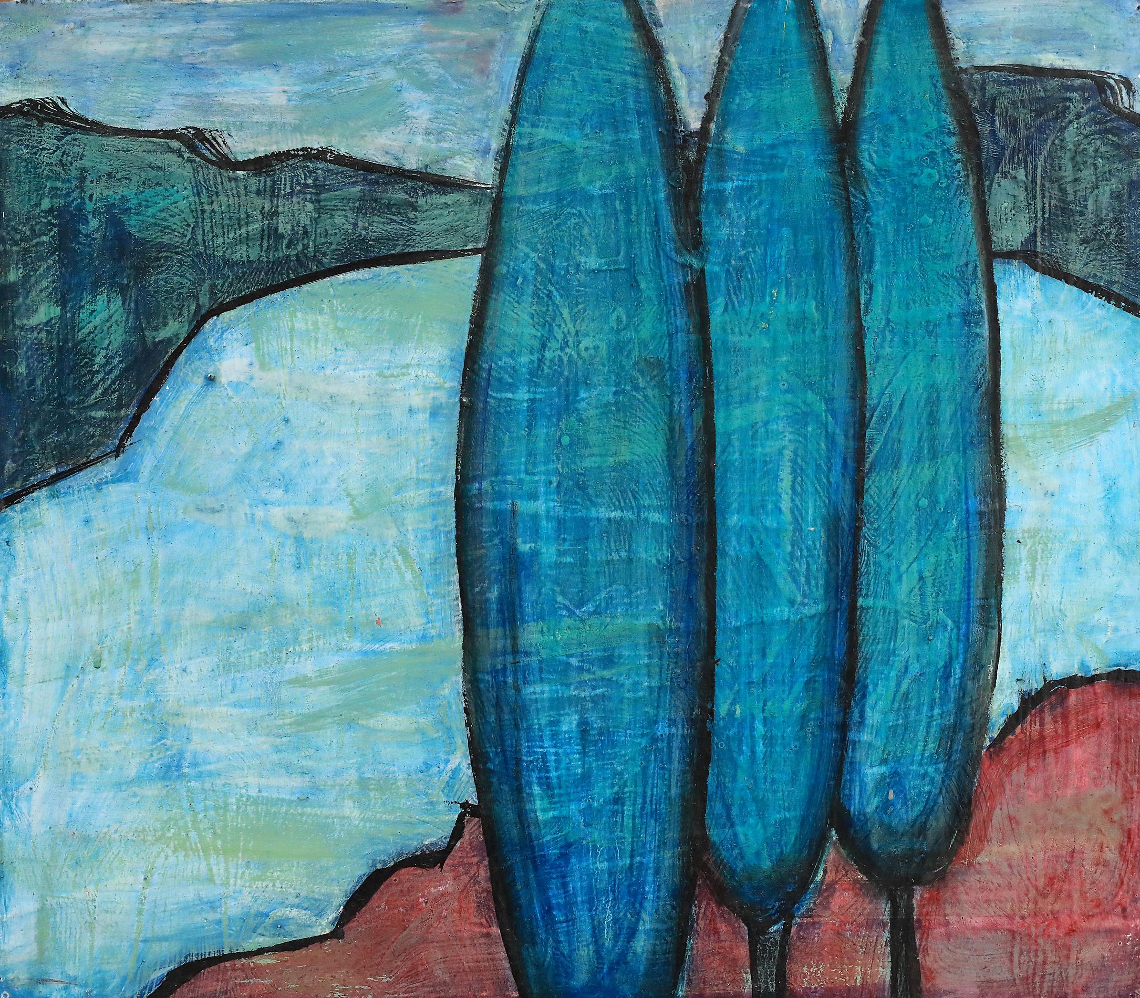 'On the Shore with Blue Trees…' Oil on fiberboard by Erekle Chinchilakashvili 2