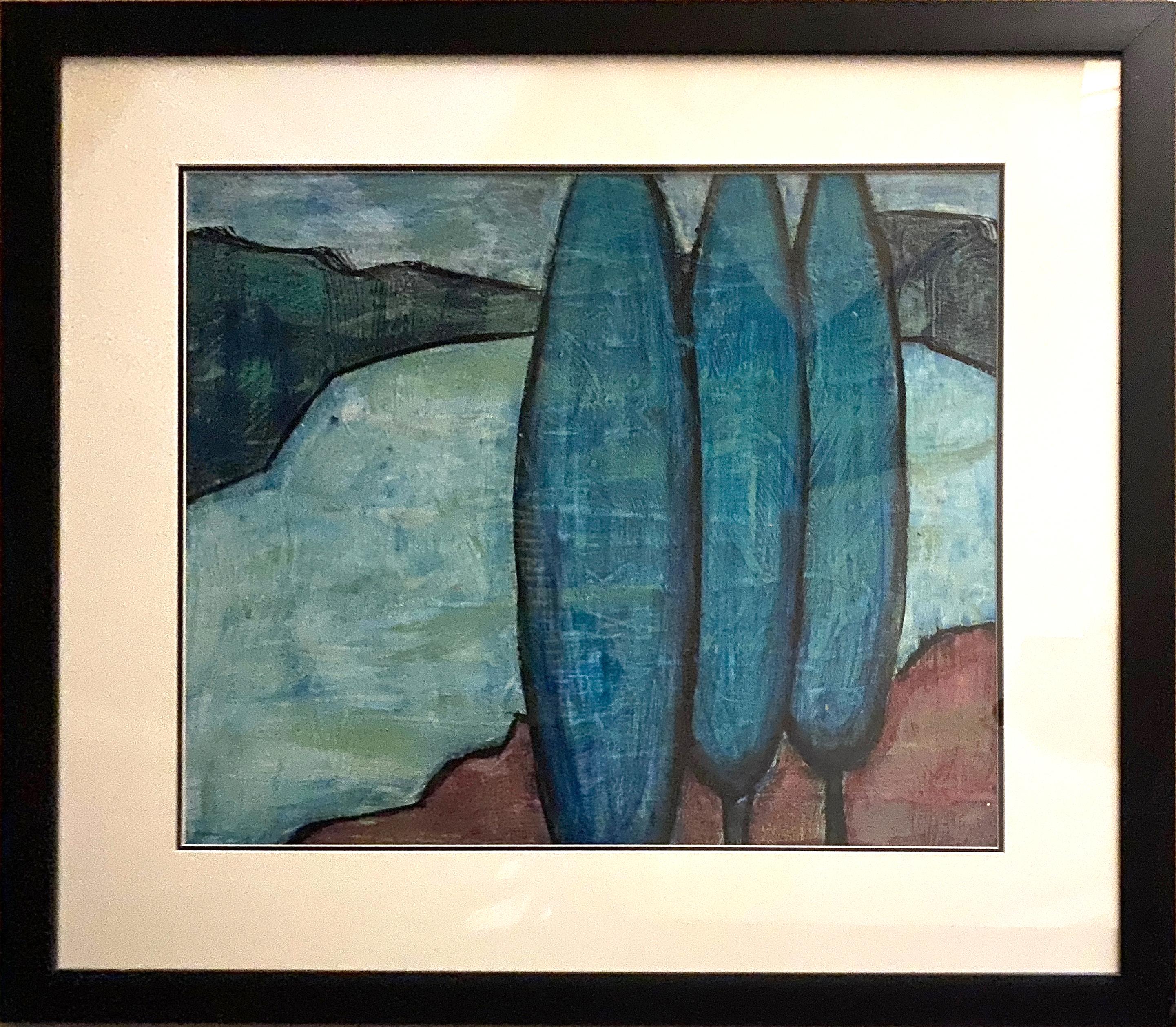This is a contemporary landscape and is part of the 'Lake Shore' series by the artist. Its surface is covered with simplified pliable forms that are filled with fresh hues of turquoise blues and reds. The smoothness it brings makes the viewer