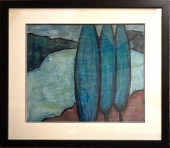 'On the Shore with Blue Trees…' Oil on fiberboard by Erekle Chinchilakashvili