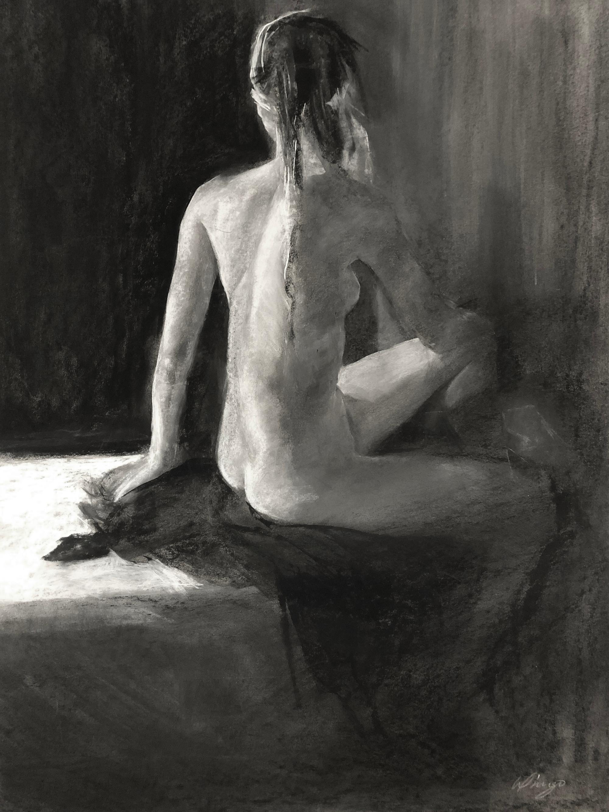 Desnudo femenino sentado', de Paul Wingo, Dibujo al carboncillo/Conte en venta 1