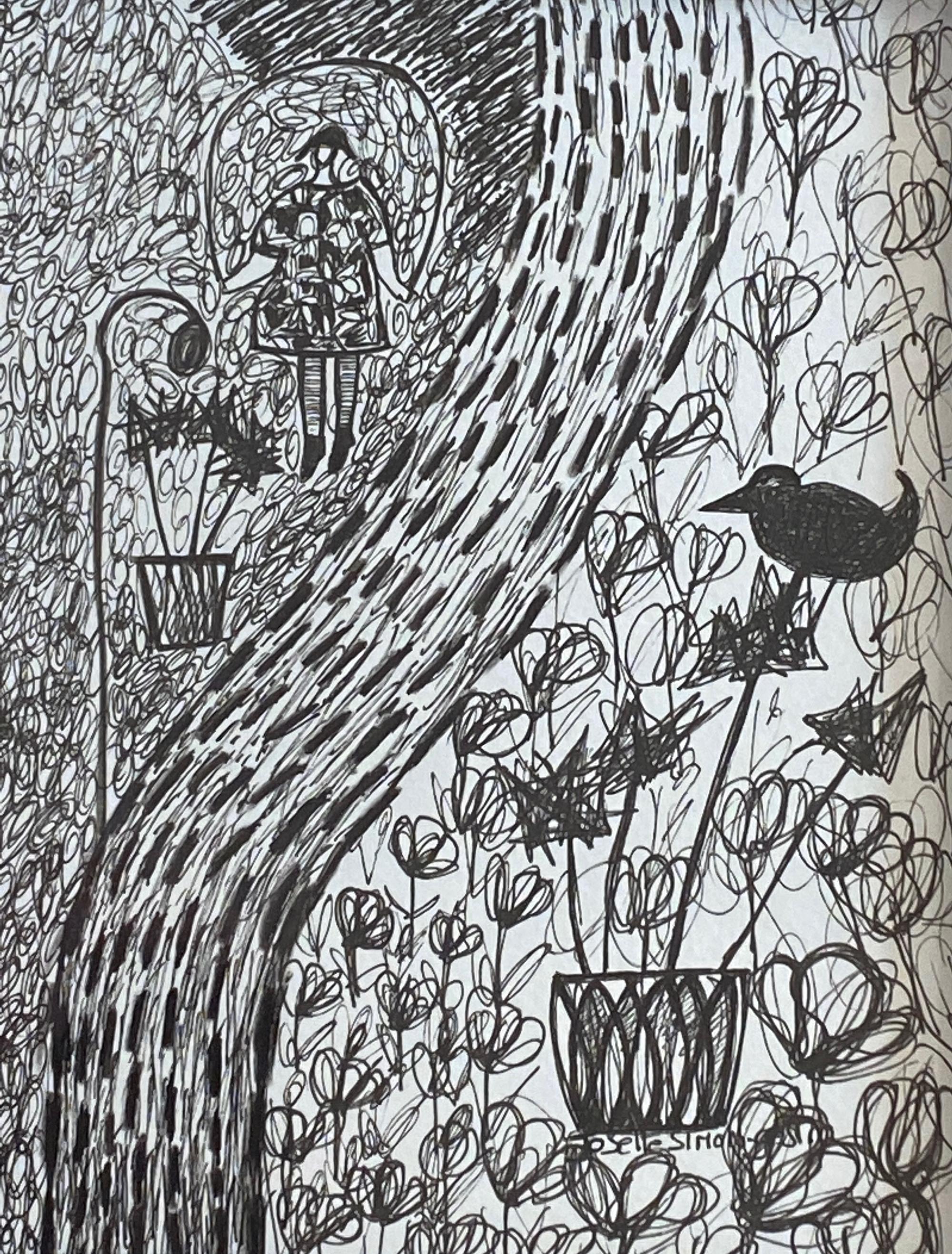 In this 9 x 12 framed ink drawing by Josette Simon-Gestin, two women are seen wandering in an imaginary garden with a bird and flowers surrounding them.  A younger girl jumps rope next to the garden pathway that provides a vertical intersection of
