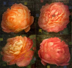 'Four Pink Roses on Variegated Green Background, ' Mixed Media on Canvas by Paul 