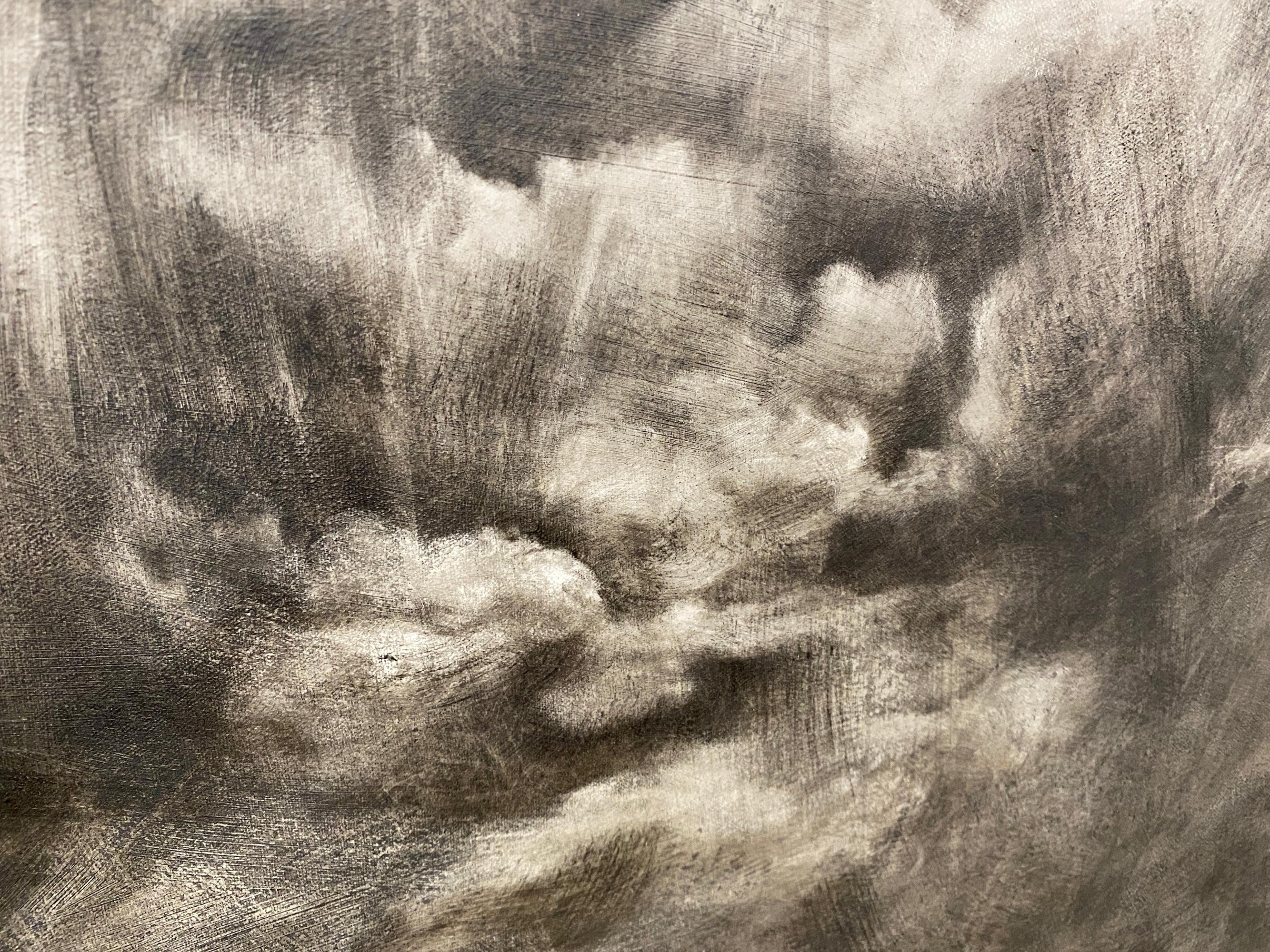 This oil on canvas by Marc Barker features turbulent clouds over a body of water in monotones of black, white and grey.  The painting is mounted to Aluminum Composite Material (ACM) and framed. This emotion filled painting is from Barker's series of