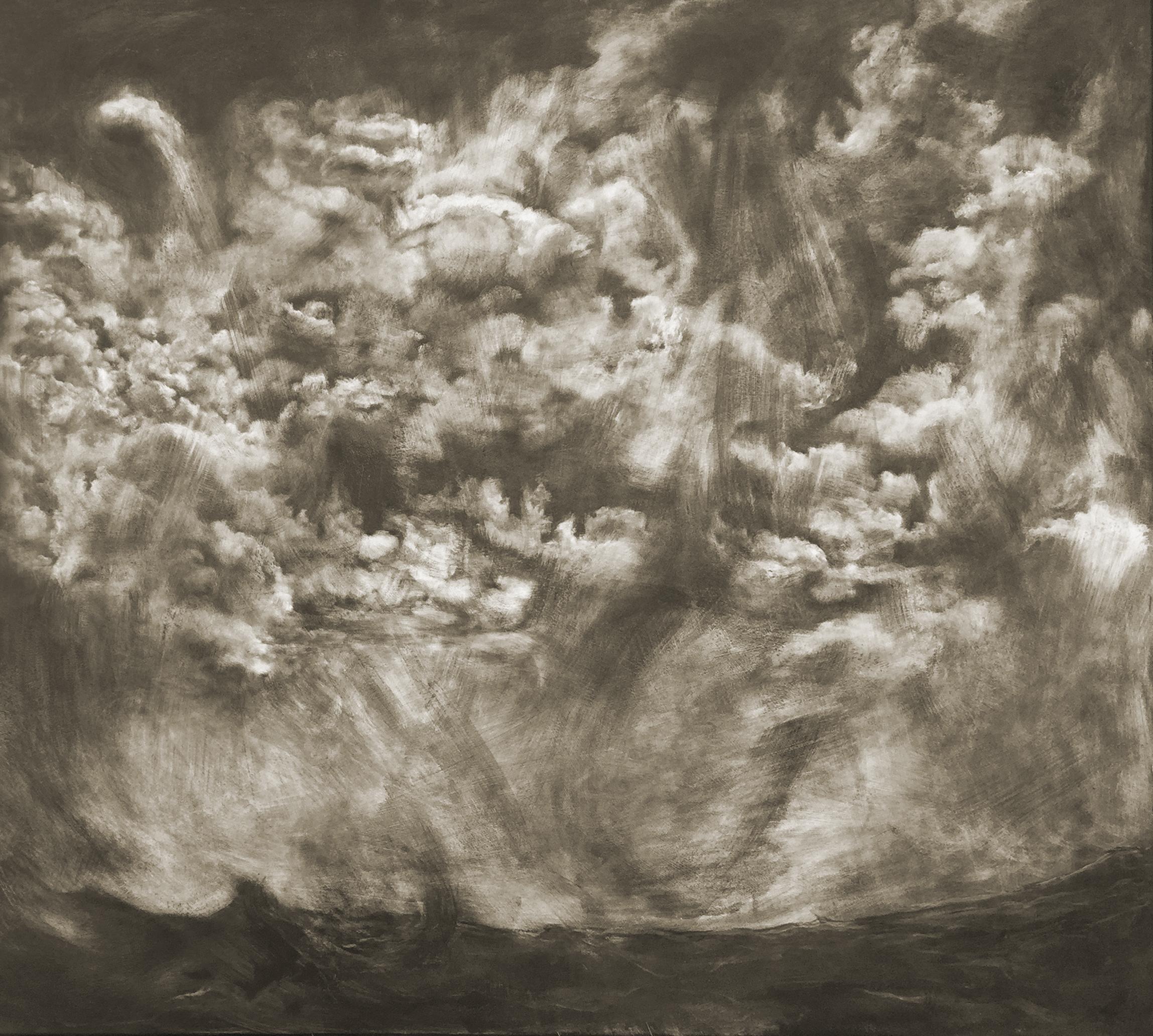 Dieses Öl auf Leinwand von Marc Barker zeigt turbulente Wolken über einem Gewässer in monotonen Schwarz-, Weiß- und Grautönen.  Das Gemälde ist auf Aluminium-Verbundmaterial (ACM) aufgezogen und gerahmt. Dieses emotionsgeladene Gemälde stammt aus