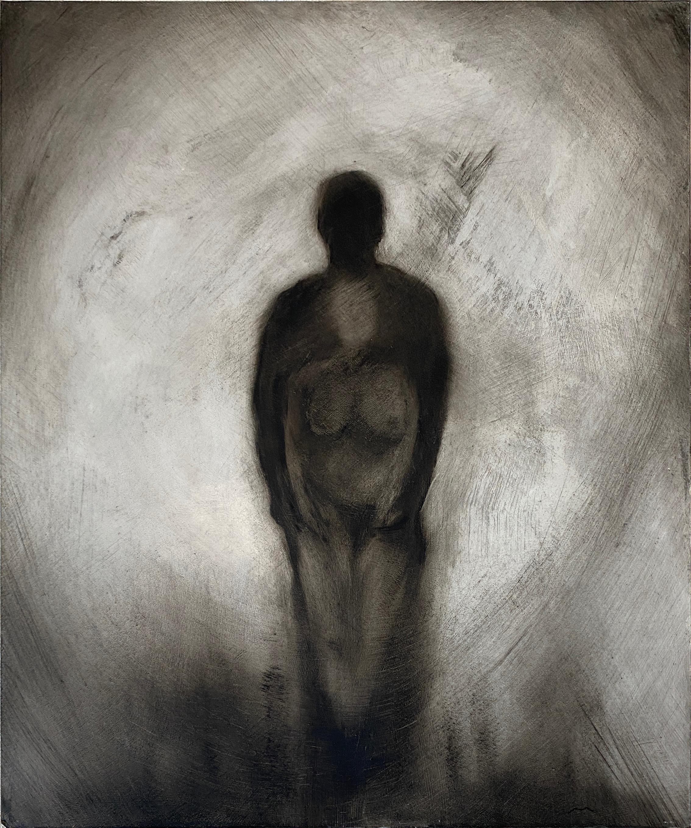 'Tethered' is a contemporary monochromatic oil on panel painting from Marc Barker's "Illusion of Mattering" series. The painting features two central figures - a dark, shadowed large figure, presumably male, behind a lighter female figure whose