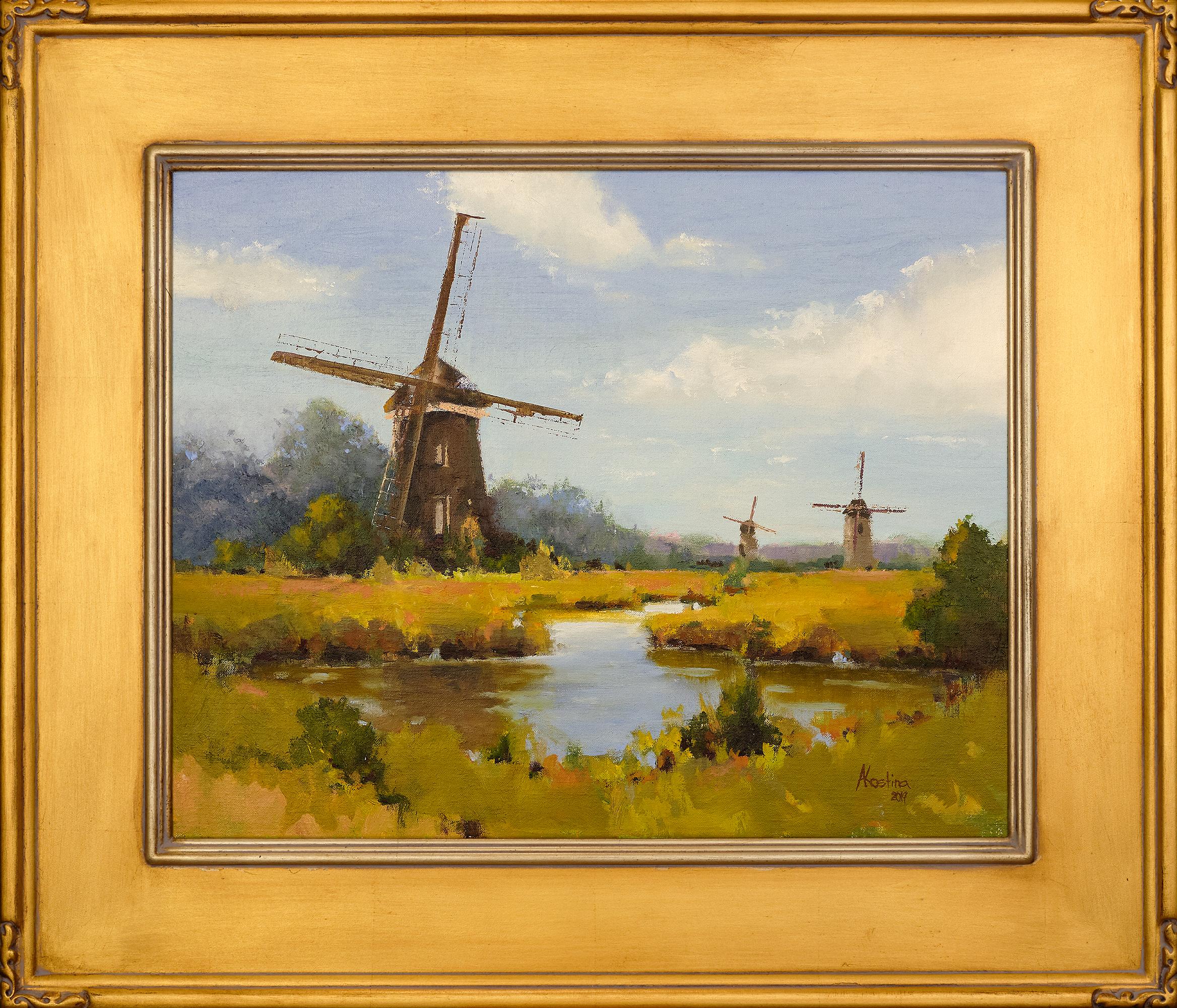 Cette peinture chaleureuse et réaliste représentant une journée d'exploration de la campagne hollandaise présente un champ doré avec un ruisseau qui traverse le paysage et des moulins à vent qui parsèment le paysage.  Le ciel bleu tendre avec ses
