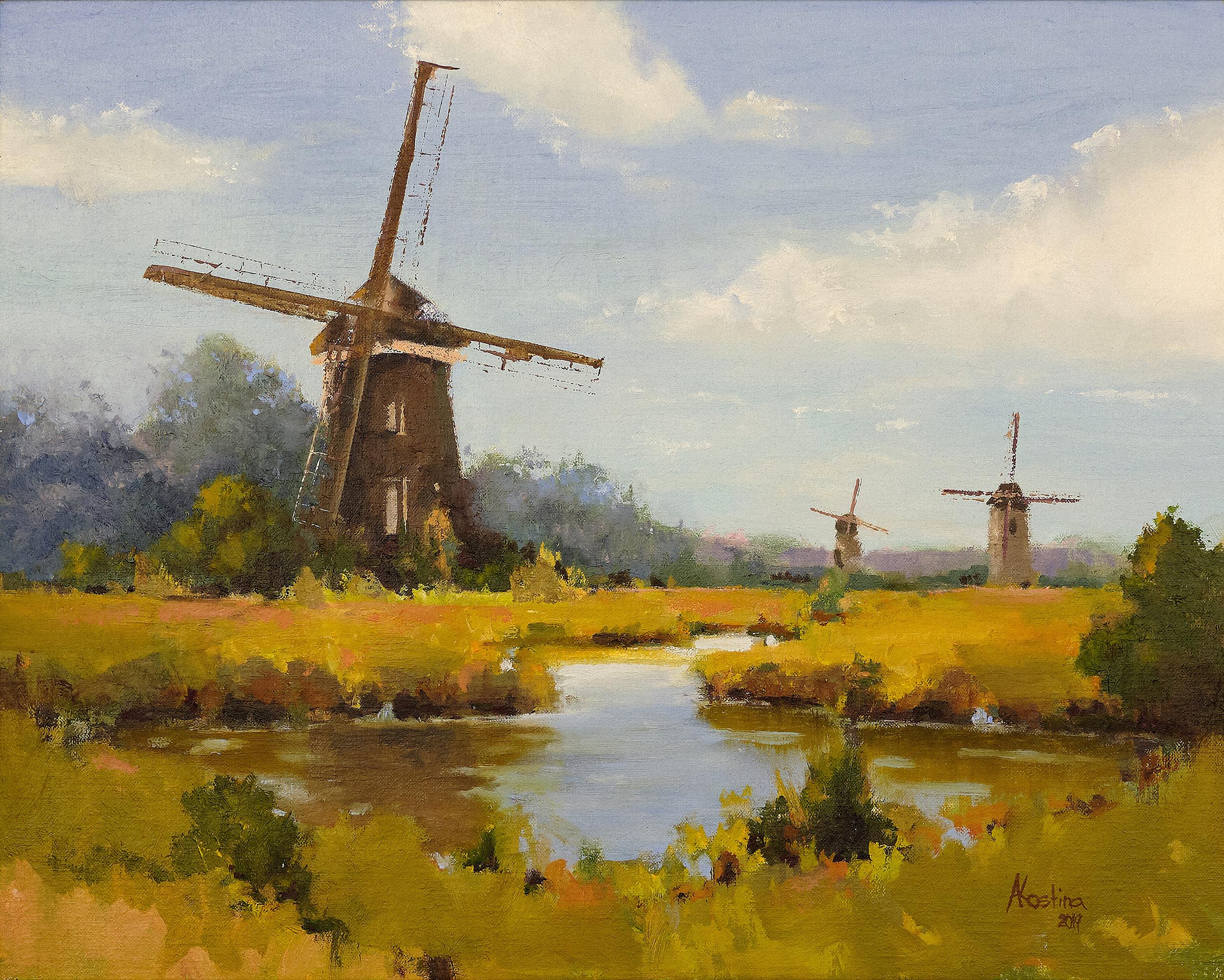 This warm, realistic painting depicting a day exploring the Dutch countryside features a golden field with a stream bisecting the landscape with windmills dotting the landscape.  The soft blue sky with clouds evokes thoughts of a warm summer day in