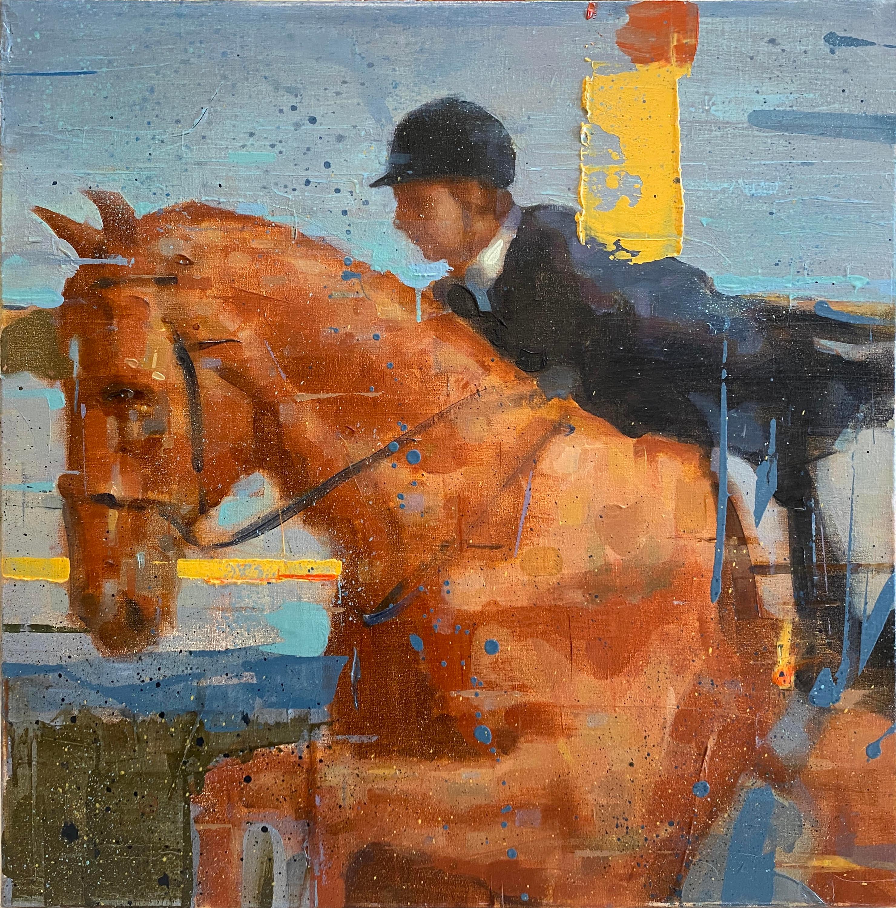 'Jinete al atardecer' Pintura al óleo sobre lienzo ecuestre y caballo de Chris Brizzard