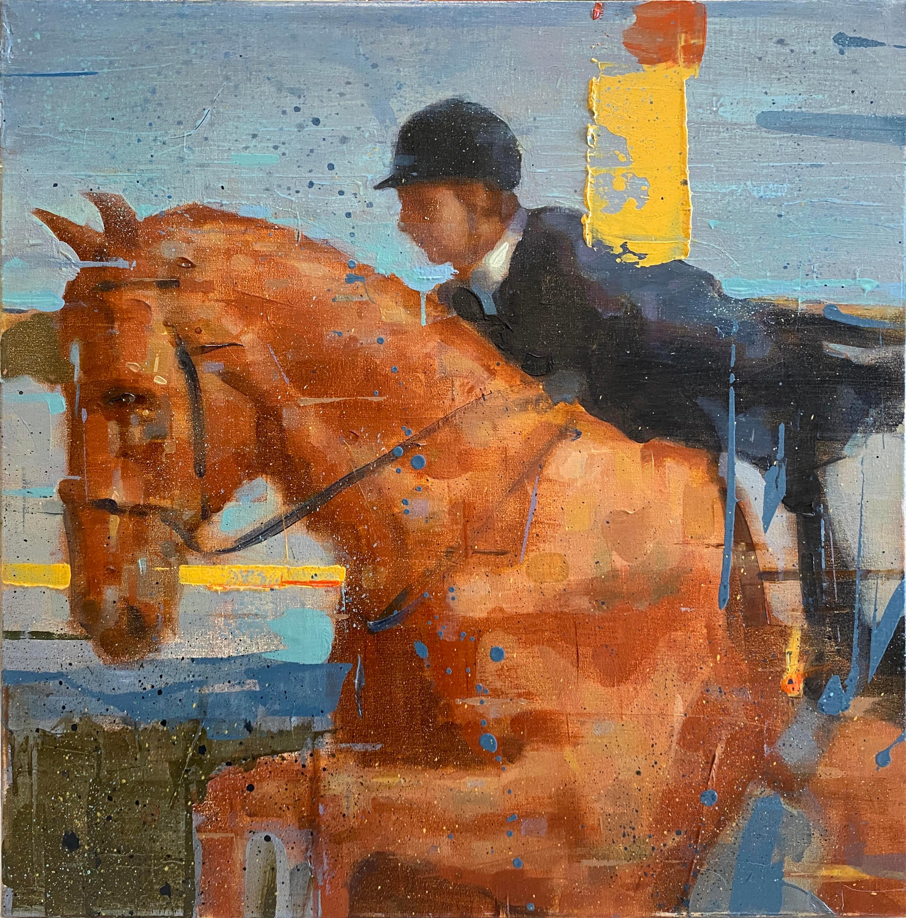 Peinture à l'huile sur toile « Rider at Sunset » représentant un cavalier et un cheval, par Chris Brizzard