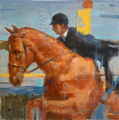 'Jinete al atardecer' Pintura al óleo sobre lienzo ecuestre y caballo de Chris Brizzard
