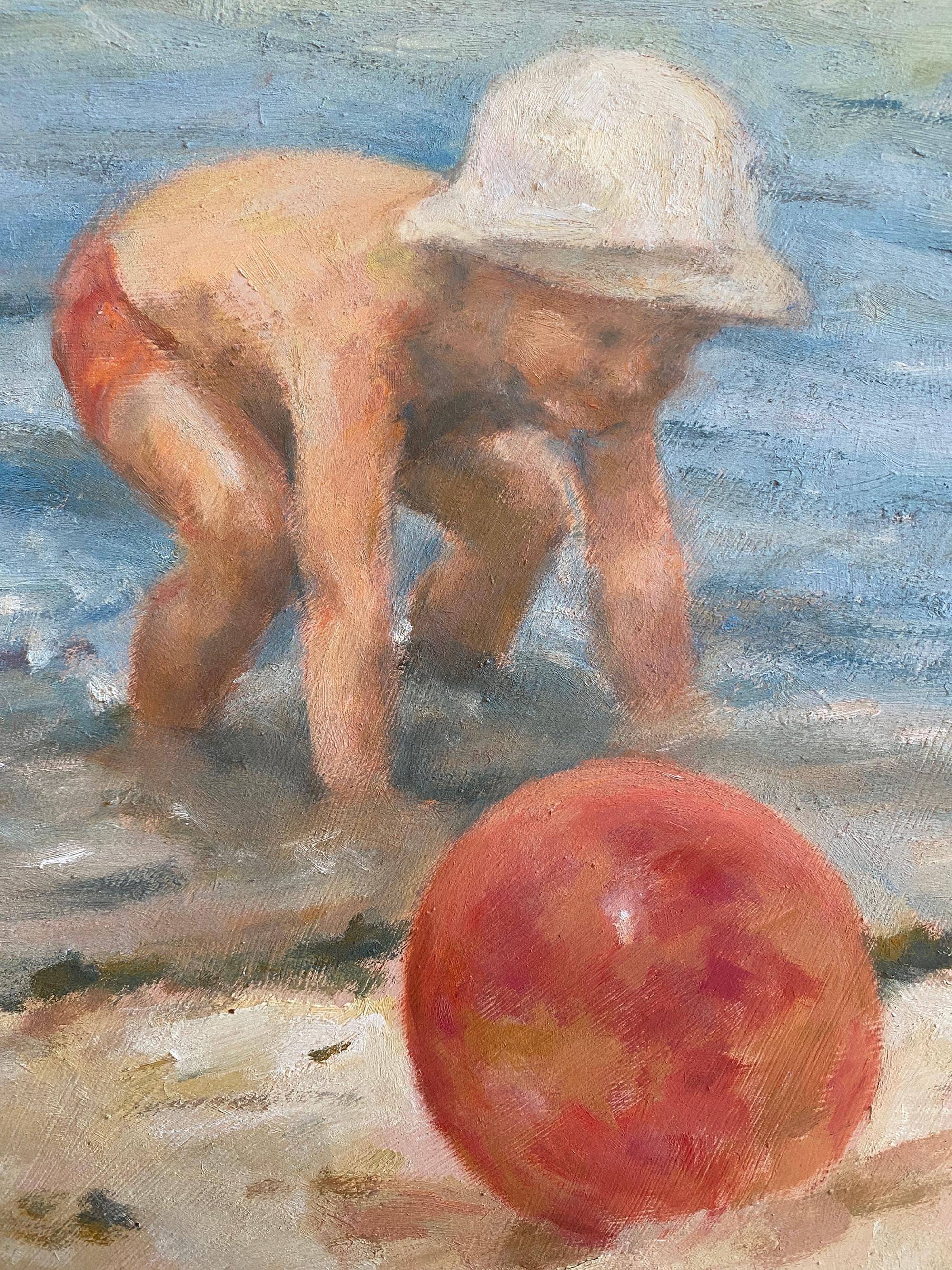 'At the Beach' Scene of Children Playing, Marie Stobbe, Oil on Masonite Painting 1