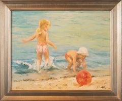 'At the Beach' Scene of Children Playing, Marie Stobbe, Oil on Masonite Painting