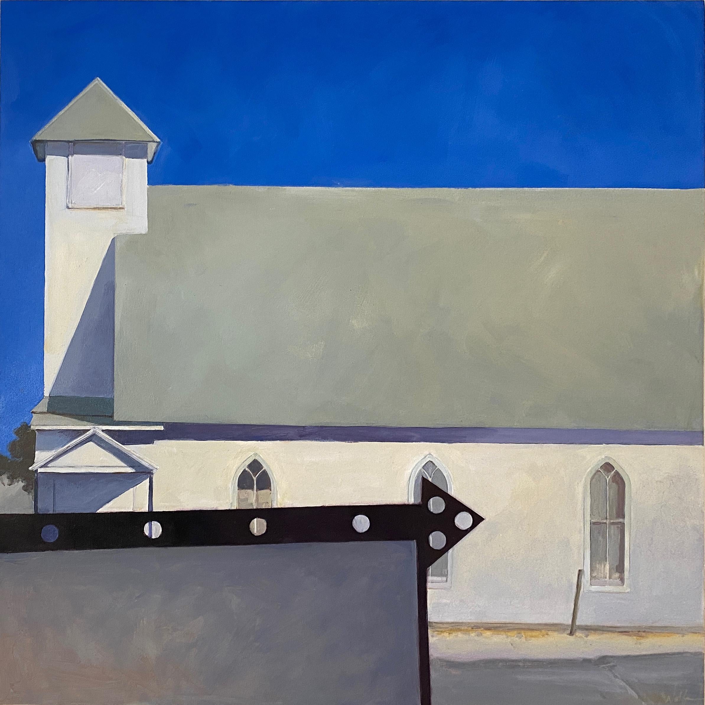 'White Country Church in McCloud, ' by John Wolfe, Acrylic on Panel Painting