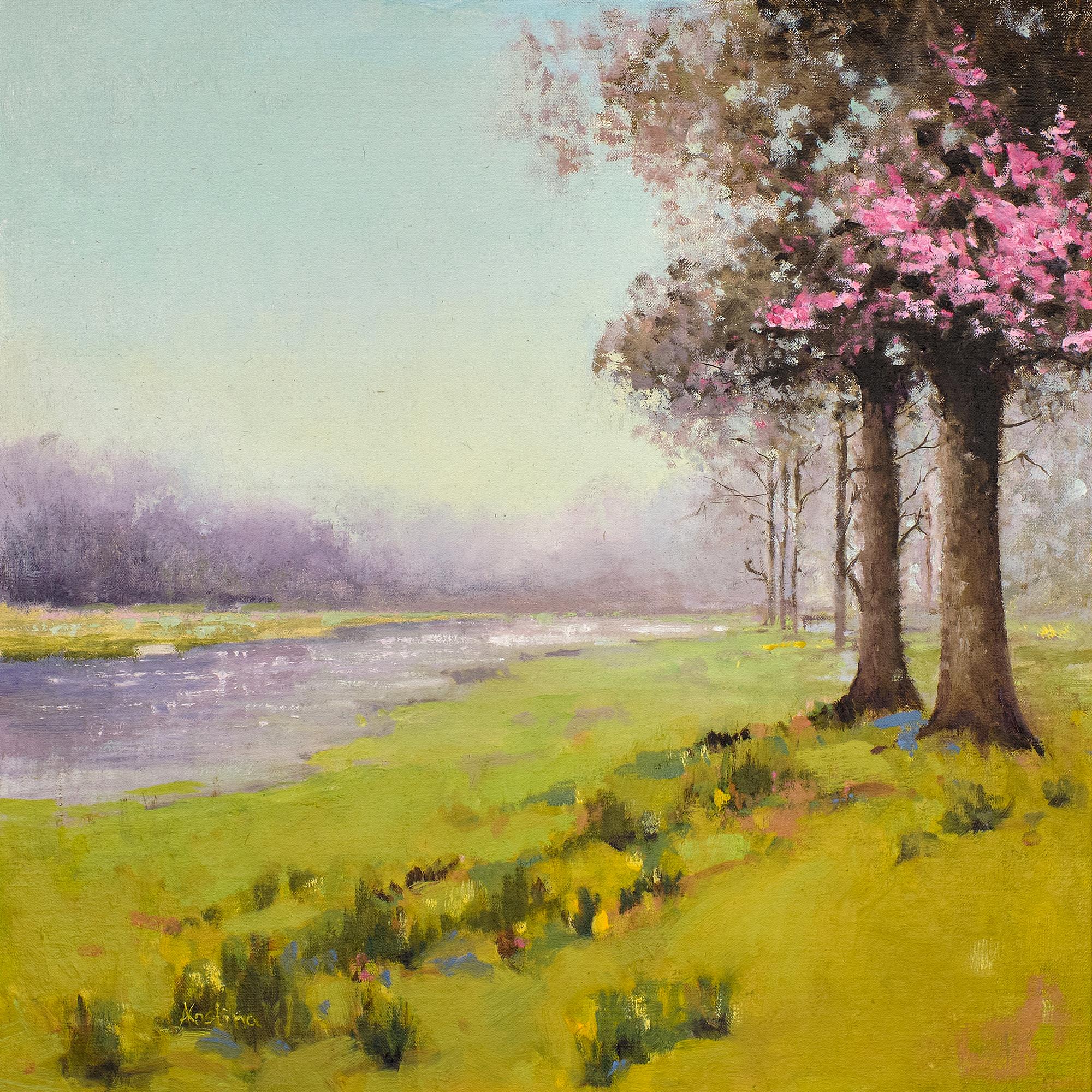 This realistic oil on linen painting by Alyona Kostina Dixon reflects the beauty of spring in a quiet landscape of soft fields and budding trees with a stream of water that intersects the two.  The atmosphere is laden with early morning fog just
