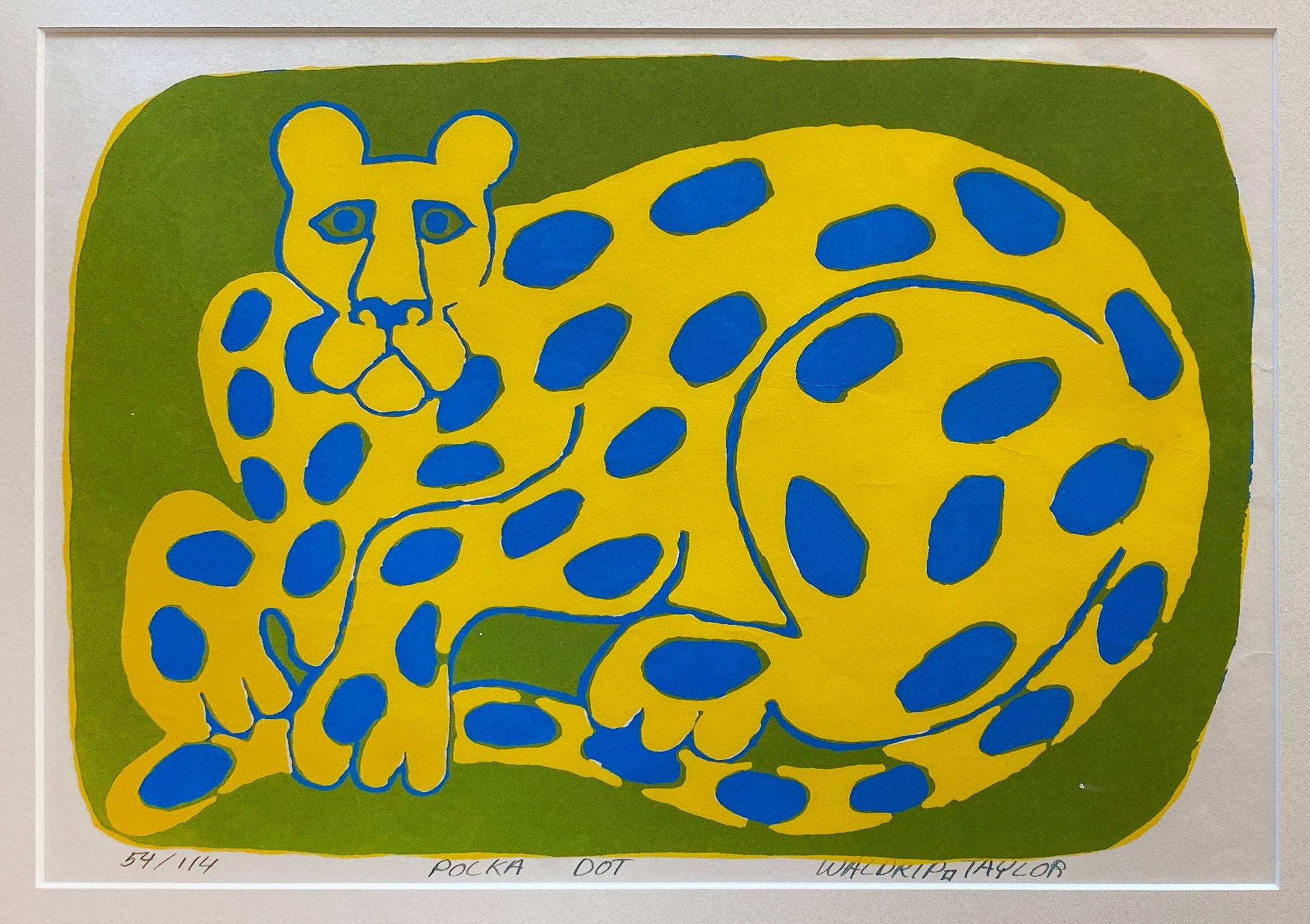 This bright yellow whimsical leopard with blue polka dots is set against a lime green background and stares directly out inviting the viewer to interact with him. This silkscreen print by Waldrop Taylor is newly matted and framed in 2021 with