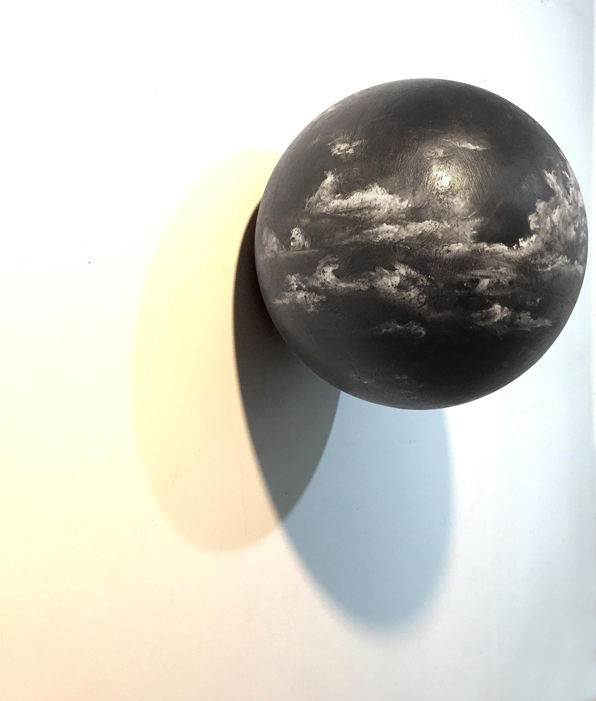 From his 'Cloudscapes' series, Marc Barker has produced this monochromatic oil painting of clouds on the sphere's surface leaping to alchemical drawings of the heavens.  The painting is on a textured,  sealed and gesso prepared polystyrene sphere