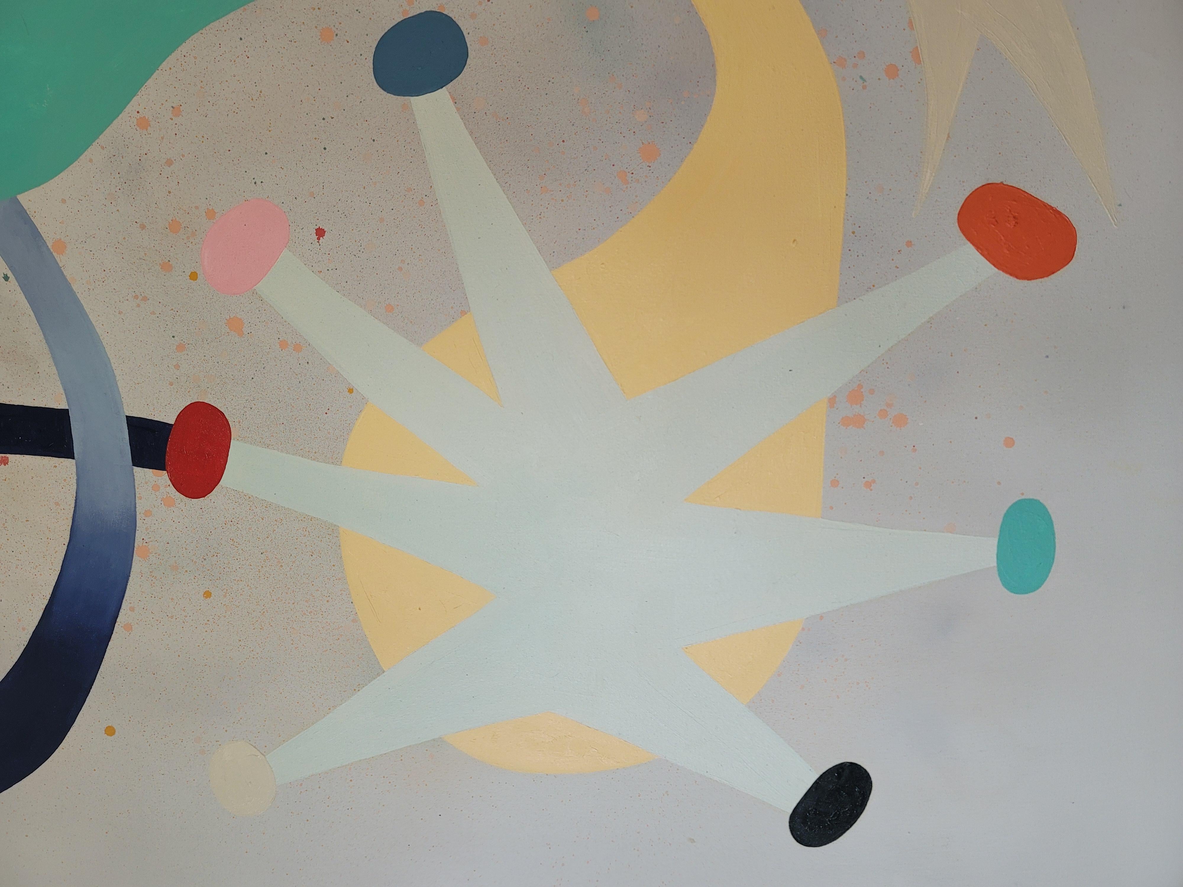 A cool light blue/gray color field dotted with light orange splattered dots provide the perfect backdrop for Peter Healy's bold organic forms of varying colors and shapes.  The forms seem to dance in space with the song of springtime and are