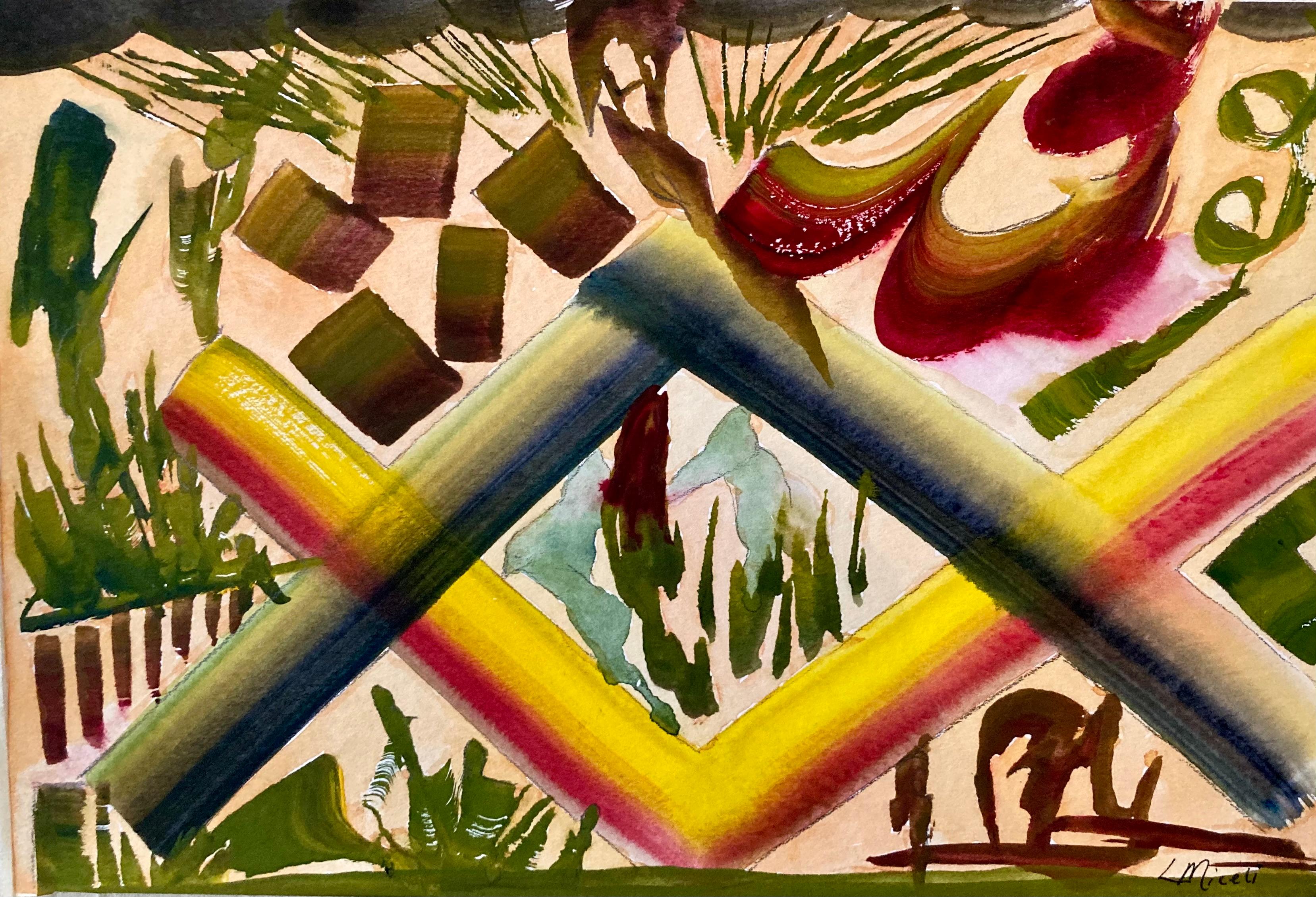 Dieses 10" x 11" große Aquarell auf Papier von Lisa Miceli zeigt eine fantasievolle abstrahierte Landschaft und ist Teil der latticeWorks-Serie. Die Verwendung von Farbe und kompositorischen Elementen in dieser Serie hilft dem Betrachter, im Bild zu