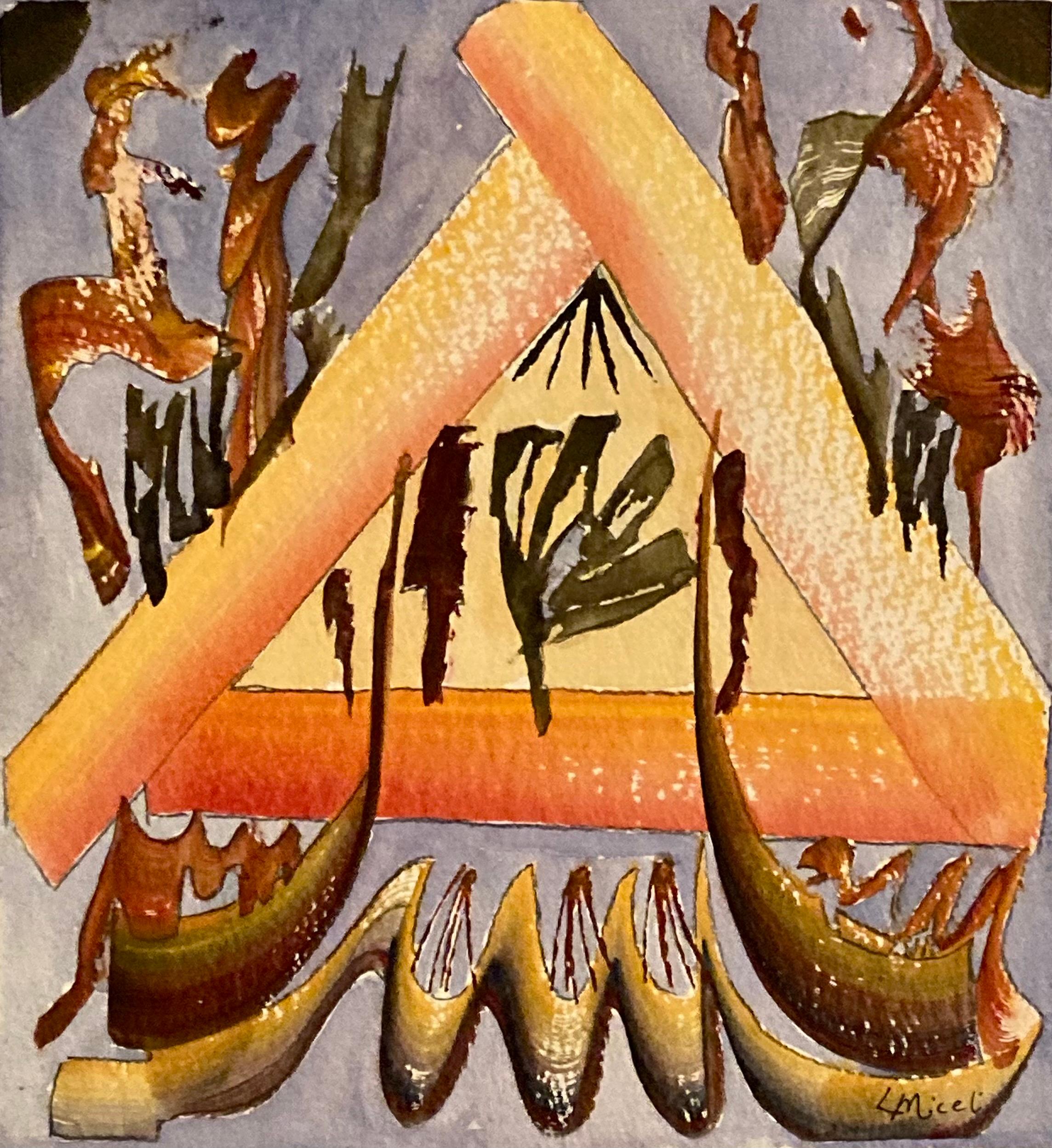 Dieses 10" x 11" große Aquarell auf Papier von Lisa Miceli zeigt eine fantasievolle, abstrahierte Landschaft, die an eine warme Herdumgebung erinnert. Dieses Gemälde ist Teil der Serie latticeWorks. Die Verwendung von Farbe und kompositorischen
