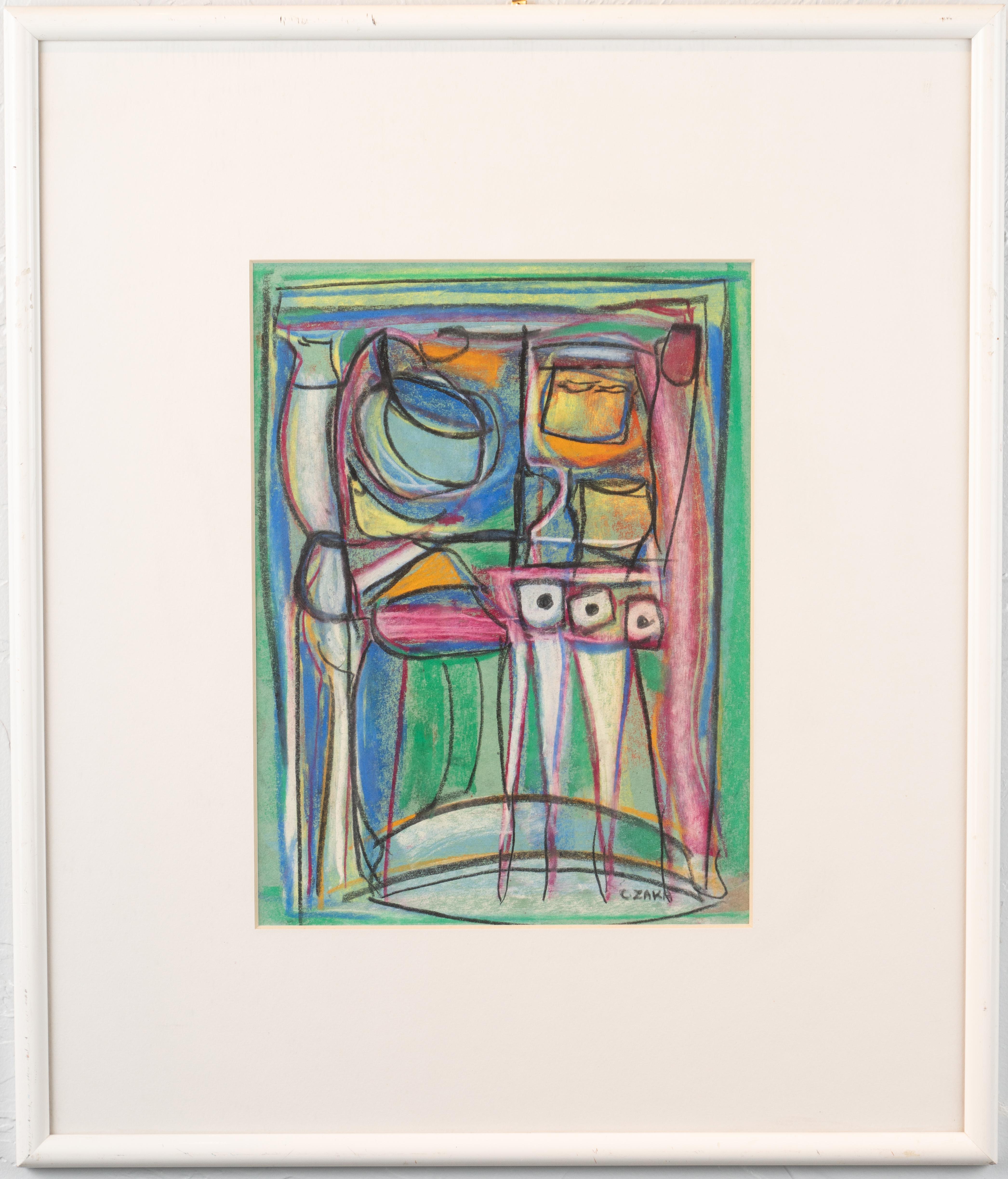 This framed 20.5" x 17.5" pastel drawing won paper by artist Catherine Zakas depicts abstracted figures in a colorful palette. In this pastel on paper the artist has used black lines to divide the composition into four quads with gestural lines and