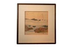 Antique 'Chinese Mountain Scene, ' by Unknown, Watercolor on Silk Painting