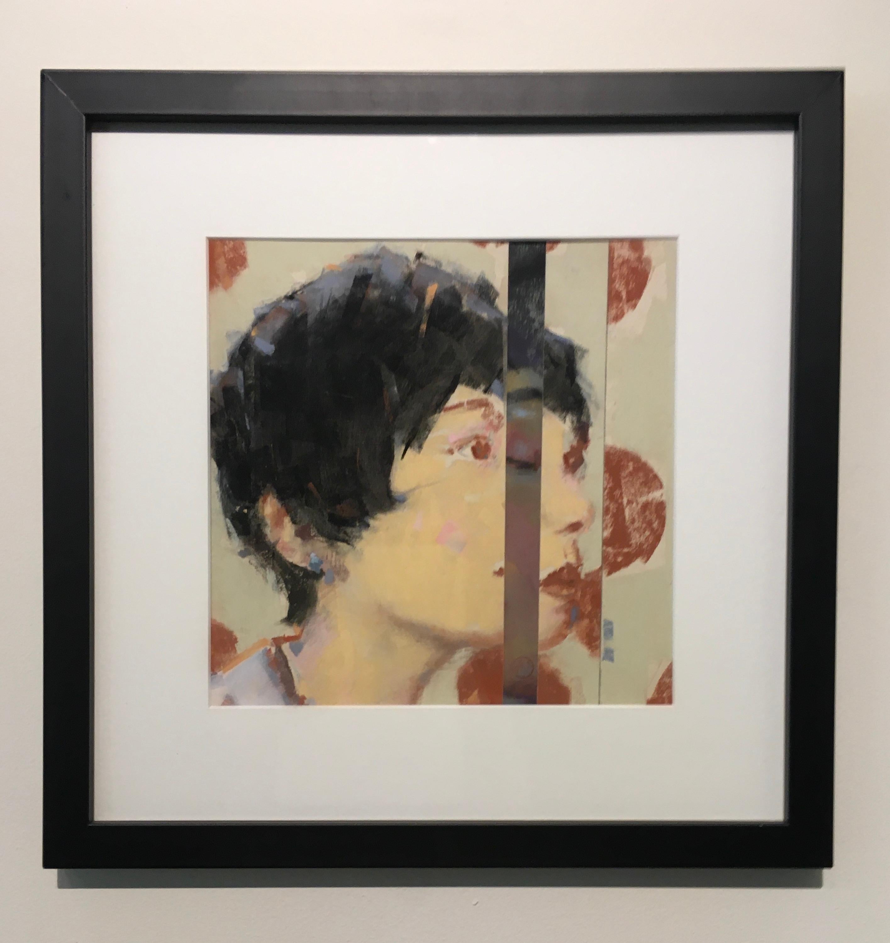 This framed 14" x 14" pastel on paper drawing by Chris Brizzard depicts the side portrait of a female sitter with short dark hair and an intense gaze. Her view is fractured by the interruption of the image with collaged vertical pieces of paper. The