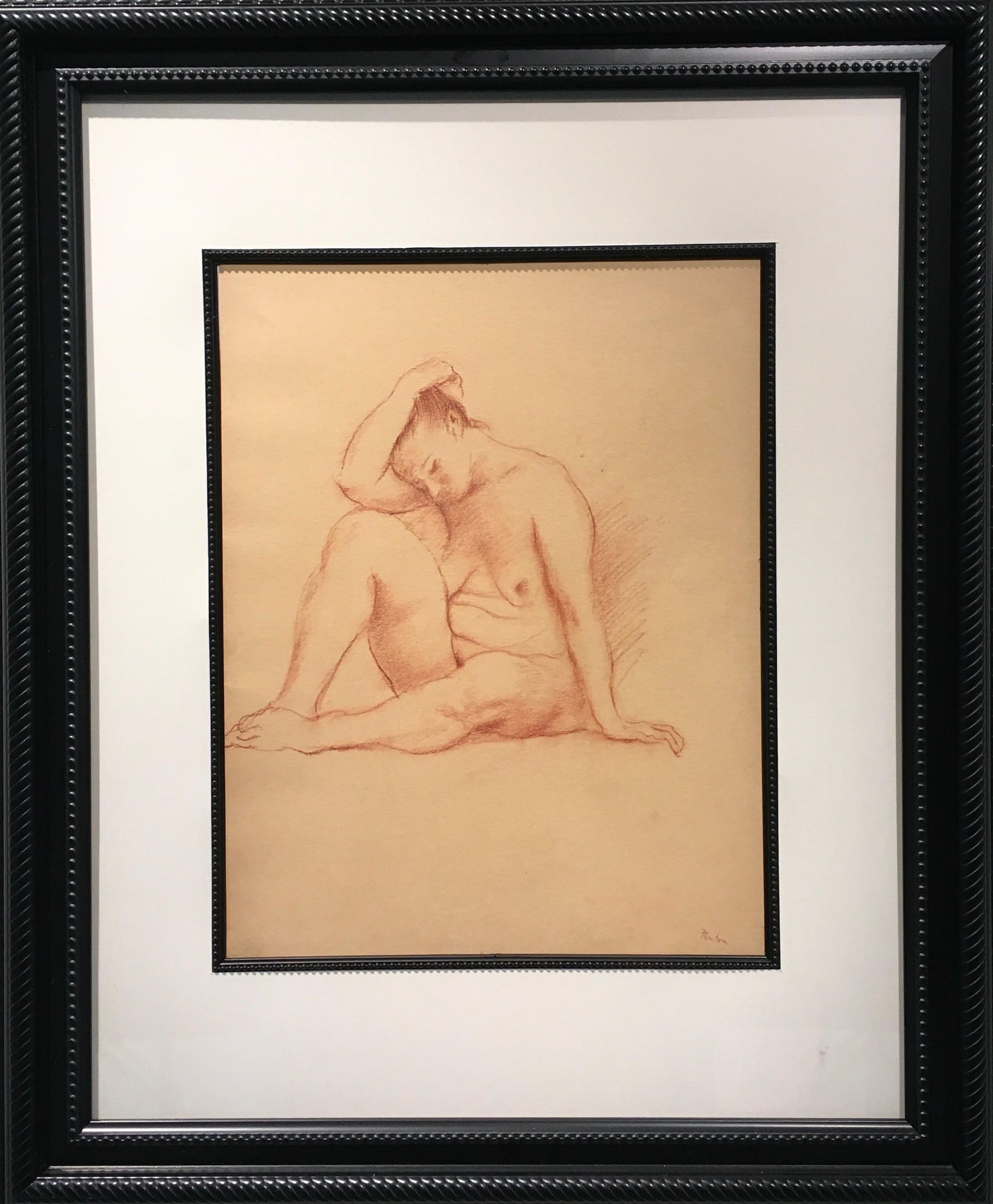 This framed 23.5" x 19.5" drawing of a seated female nude depicts the figure in a frontal pose leaning forward with one leg raised and elbow placed on her kneecap. Her head rests in the crook of her arm while her gaze is cast downward. The drawing