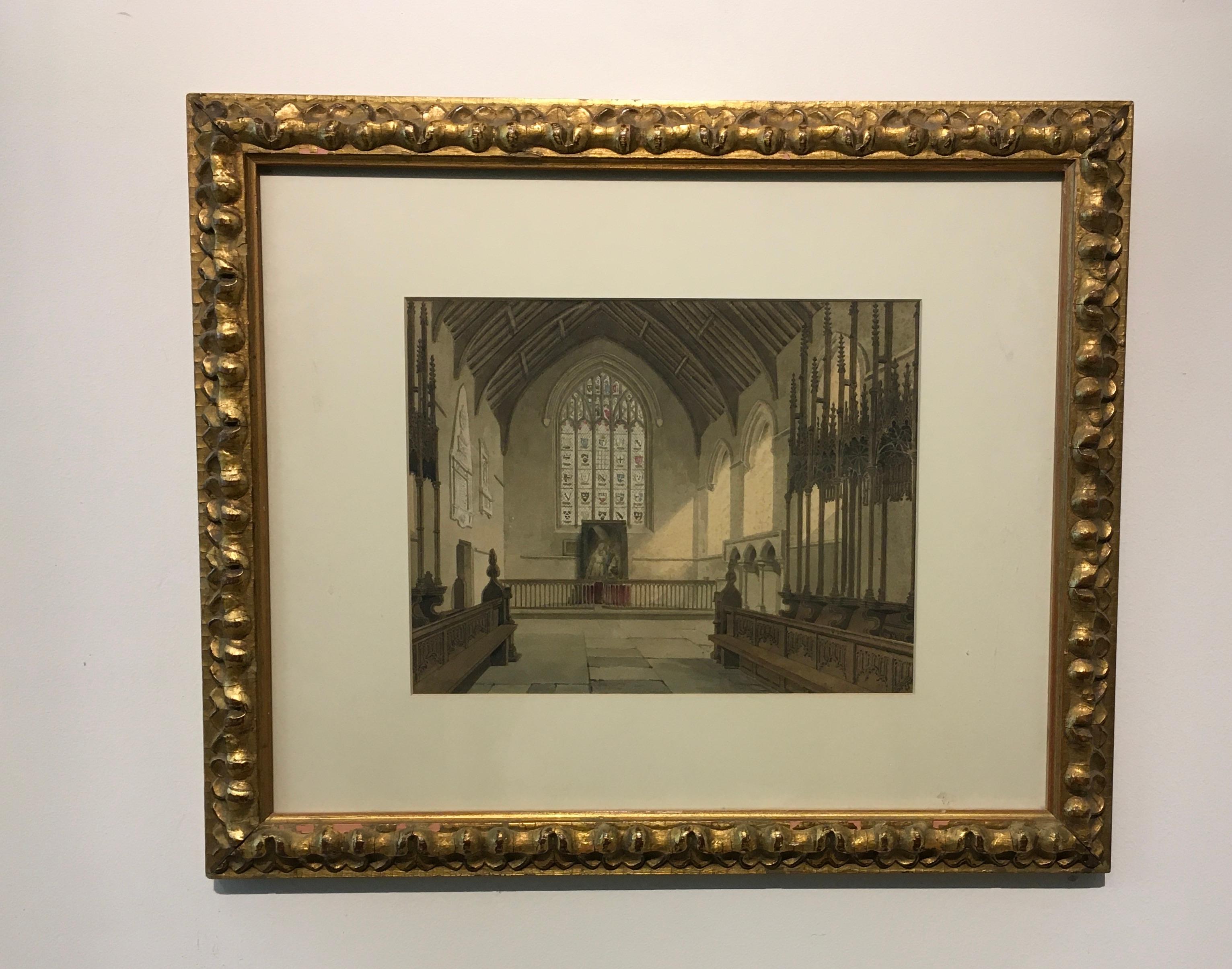 Unknown Interior Painting – „ Historische englische Kapelle im Innenraum“, von Unbekannt, Aquarellmalerei 