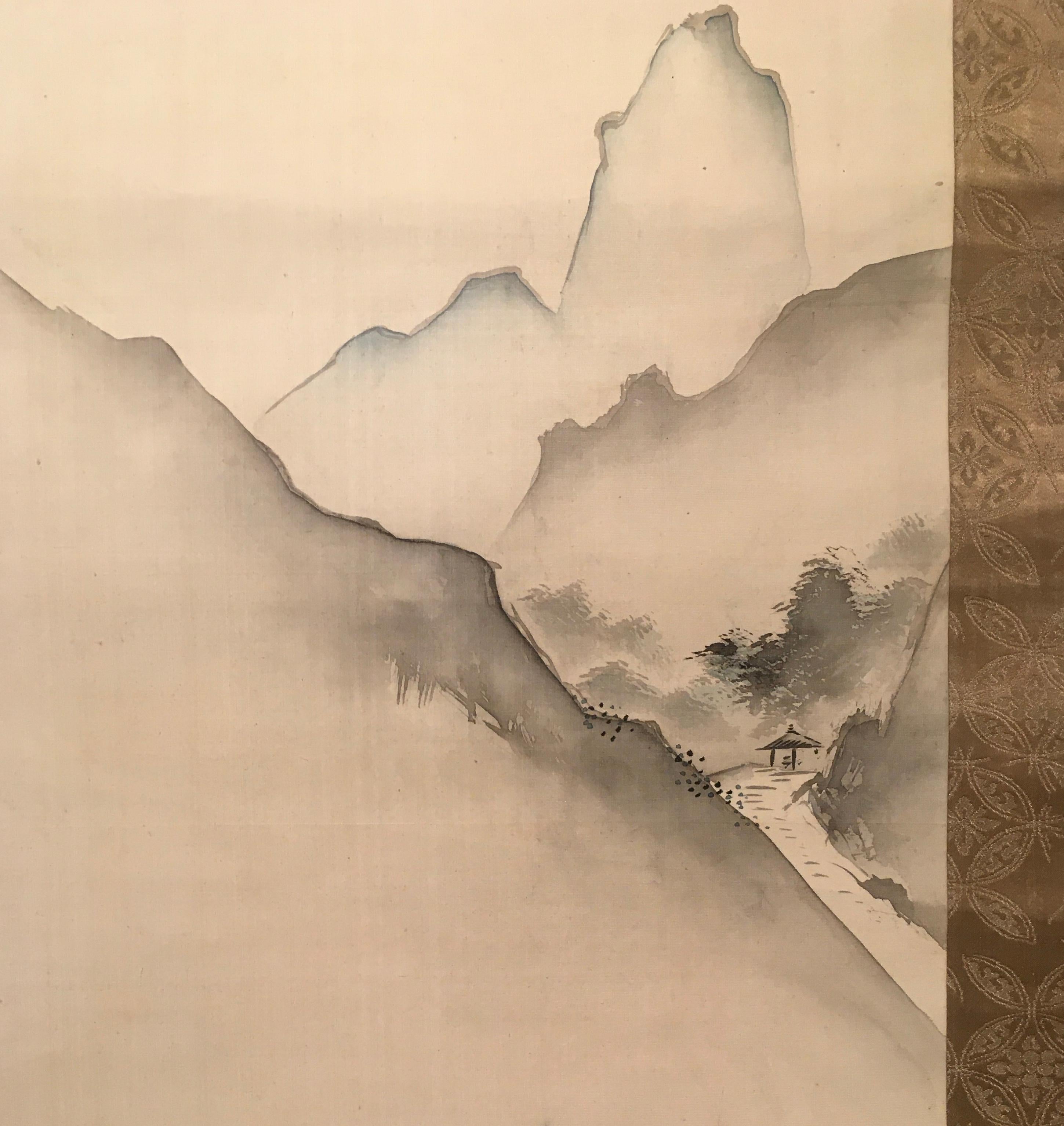 'Japanese Antique Scroll – Mystic Mountain, ' by Unknown, Watercolor Silk Scroll 1