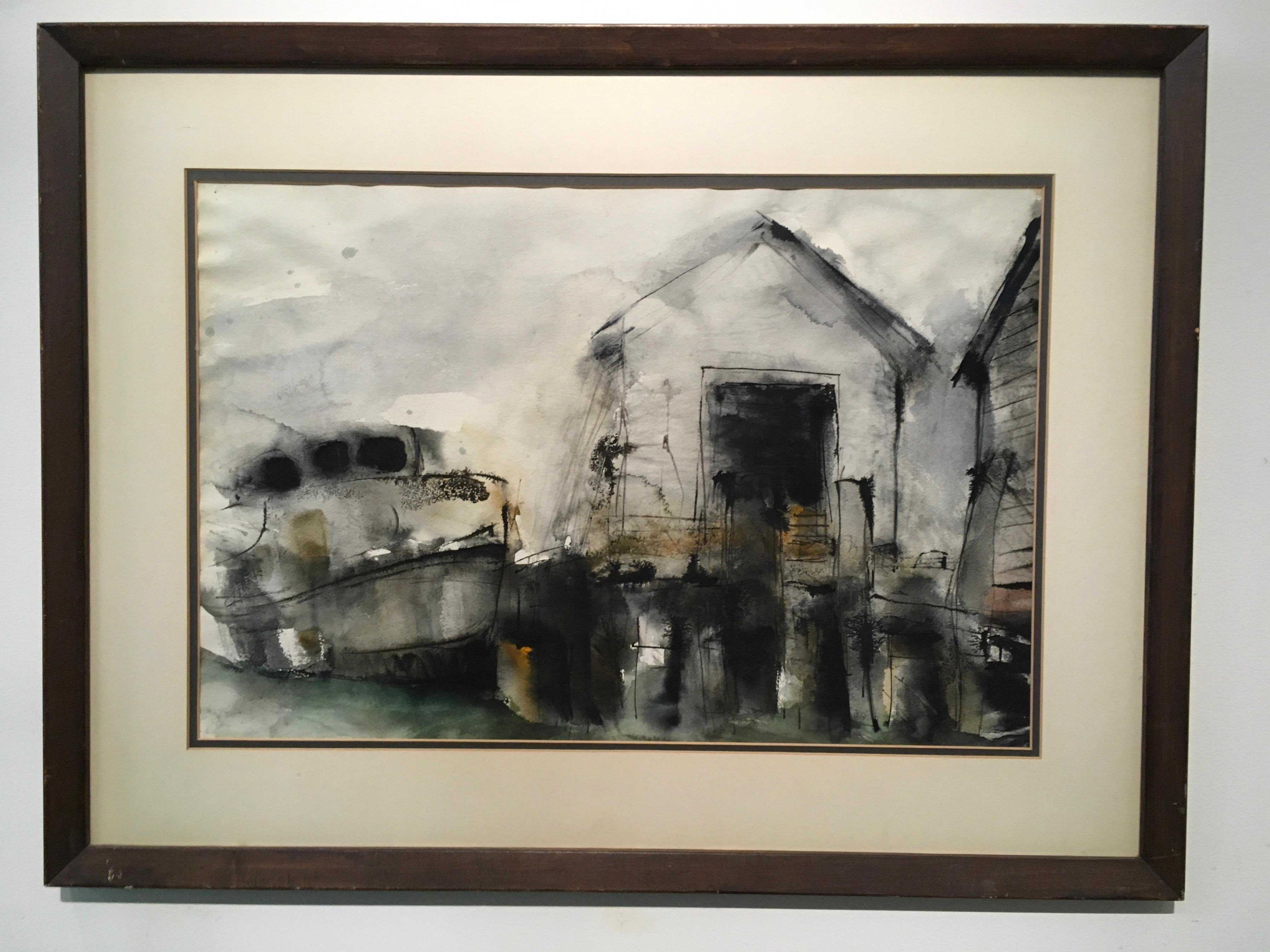 Landscape Painting Unknown - « Barn with Boat Dock », par Inconnu, peinture à l'encre et à l'aquarelle
