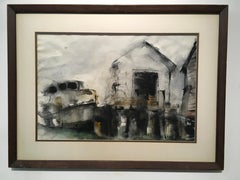 'Barn with Boat Dock, ' by Unknown, Ink and Watercolor Painting