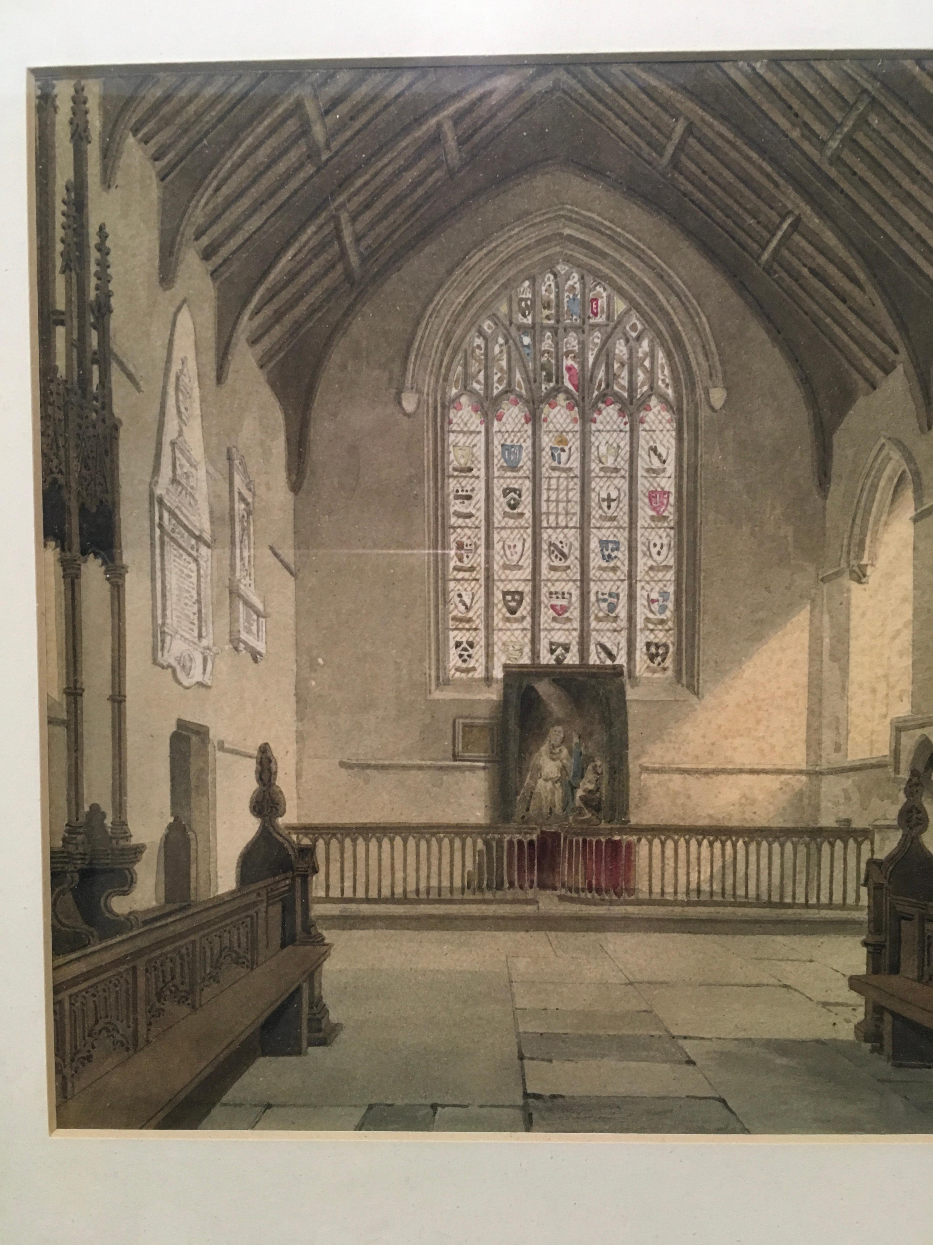 „ Historische englische Kapelle im Innenraum“, von Unbekannt, Aquarellmalerei  (Realismus), Painting, von Unknown