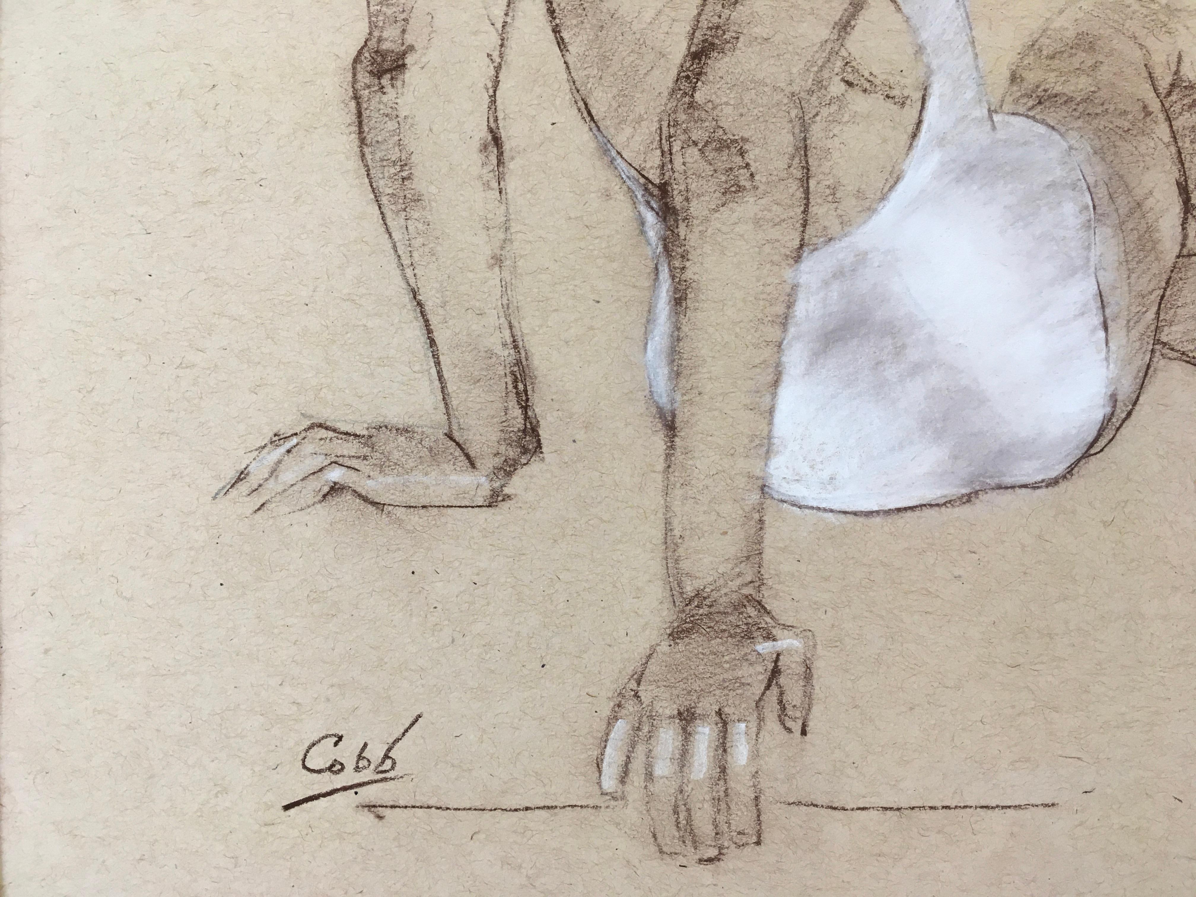 This 11.25 x 15.25 work on paper features a lone, seated, female dancer viewed from the back. The figure is twisting toward the viewer as she begins to look over her right shoulder. Her legs are pulled toward her body with the left leg crossed over