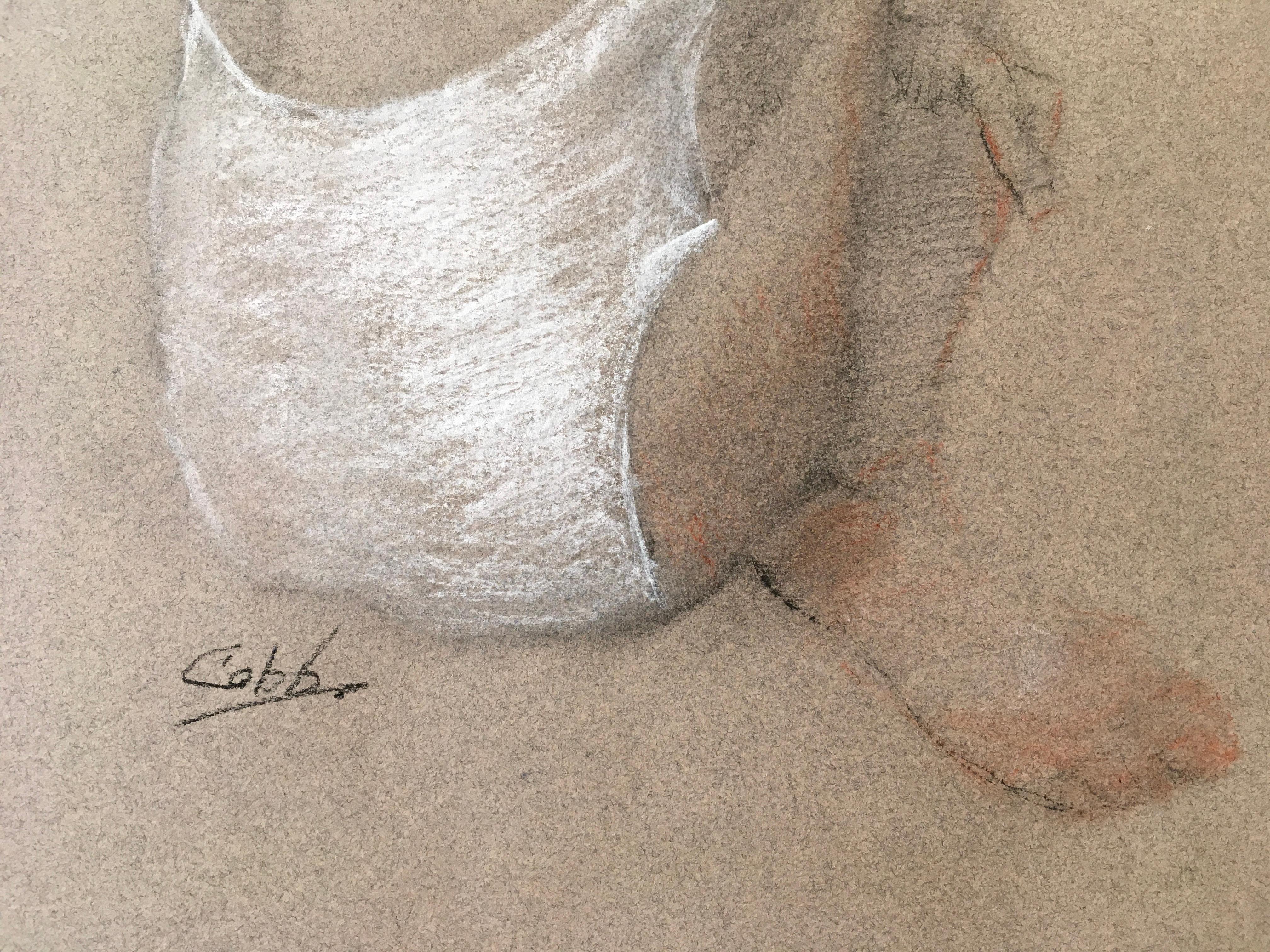 This 13.5 x 10 inch chalk and Conté work on paper, with 20.25 x 16 mat features a lone seated female dancer in a white leotard. With her back to the viewer, her posture seems to indicate a focus on something just in front of her, but outside view of