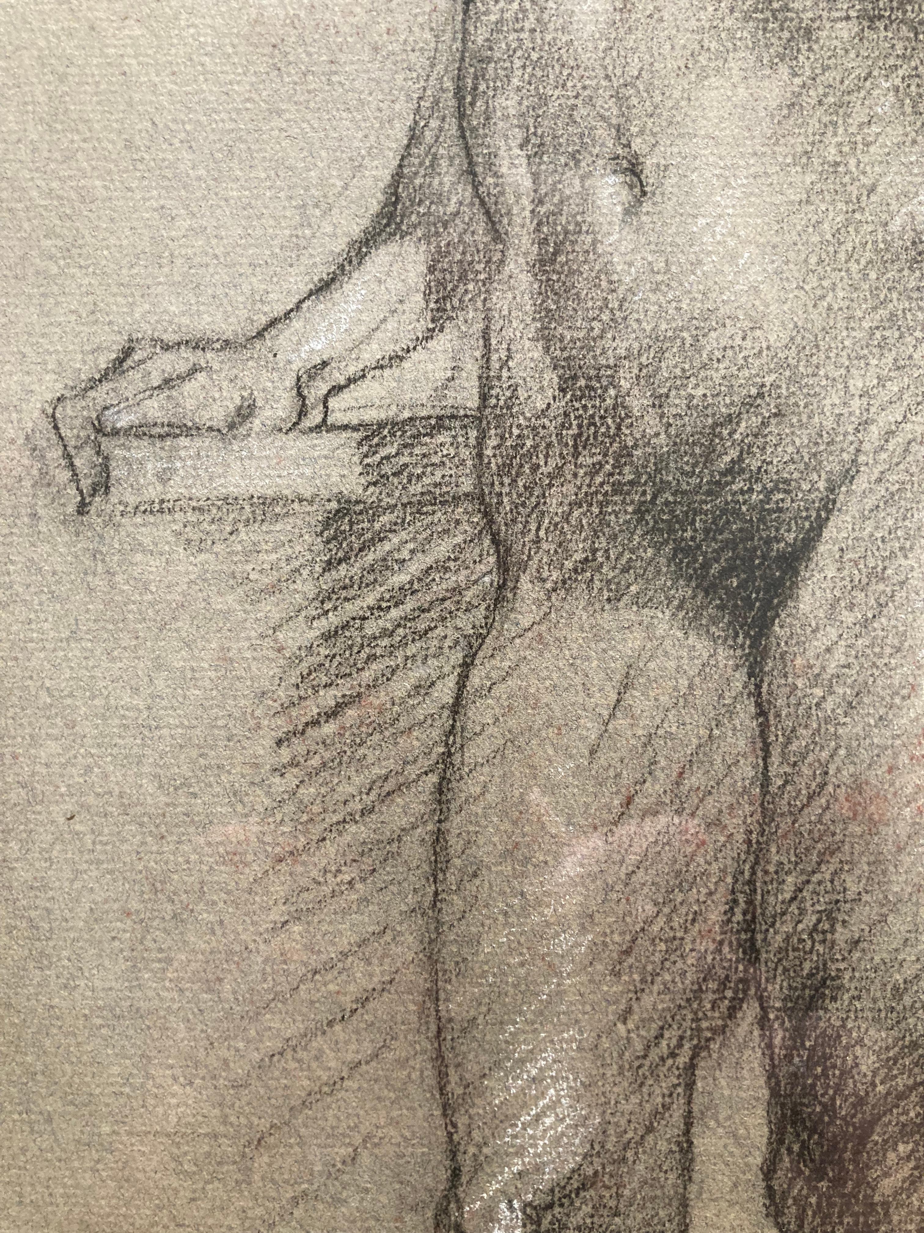 This Richard Vernon Goetz Drawing on Paper from the mid-20th Century features a standing female nude rendered in black and grey cross-hatch lines of Charcoal and Conté Crayon.
The weight of the very upright figure is on the left foot which is