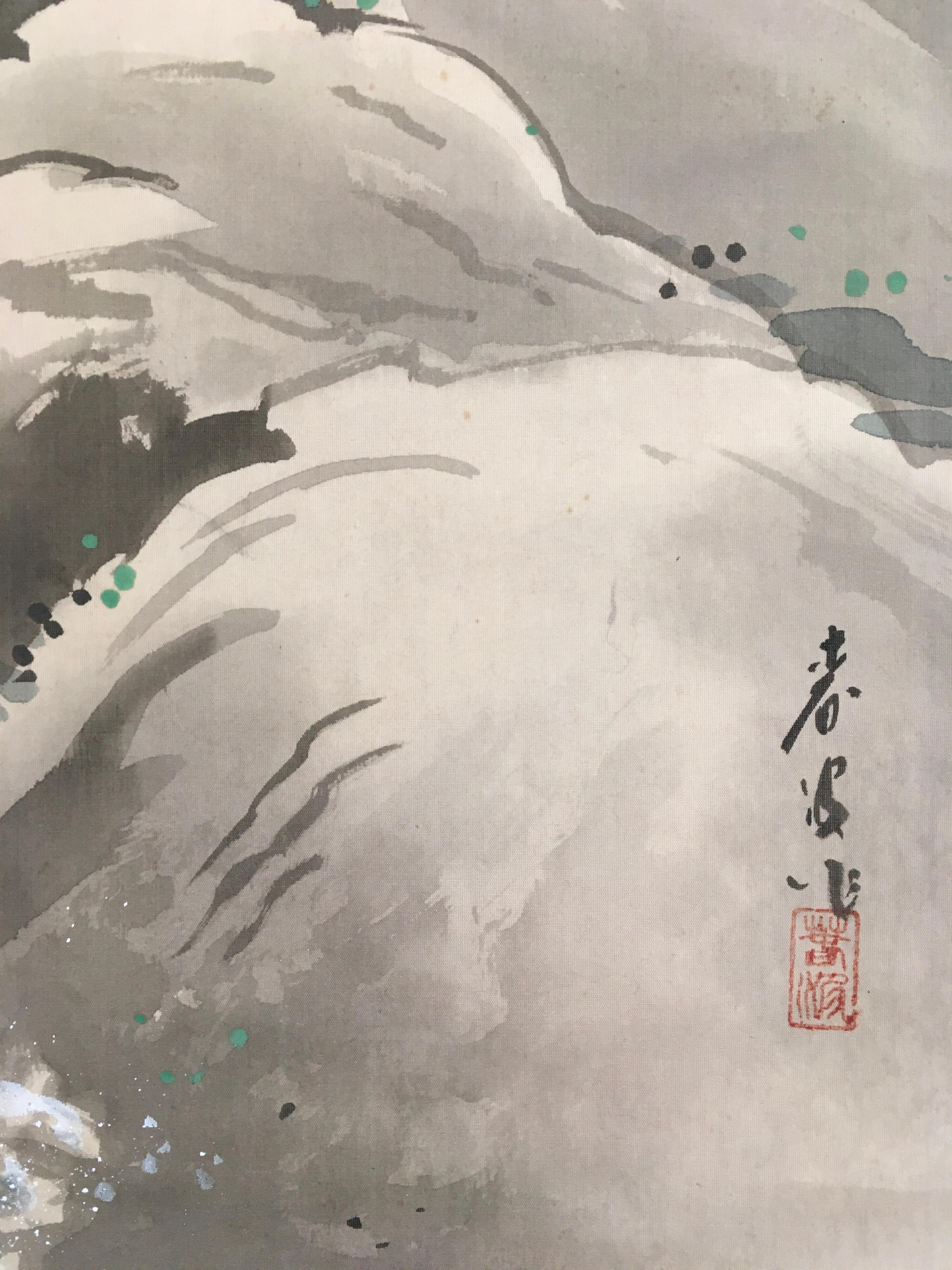 „ Vogel auf dem Felsen mit blauen Blumen“,  Von Unknown, Chinesische antike Schriftrolle  im Angebot 2