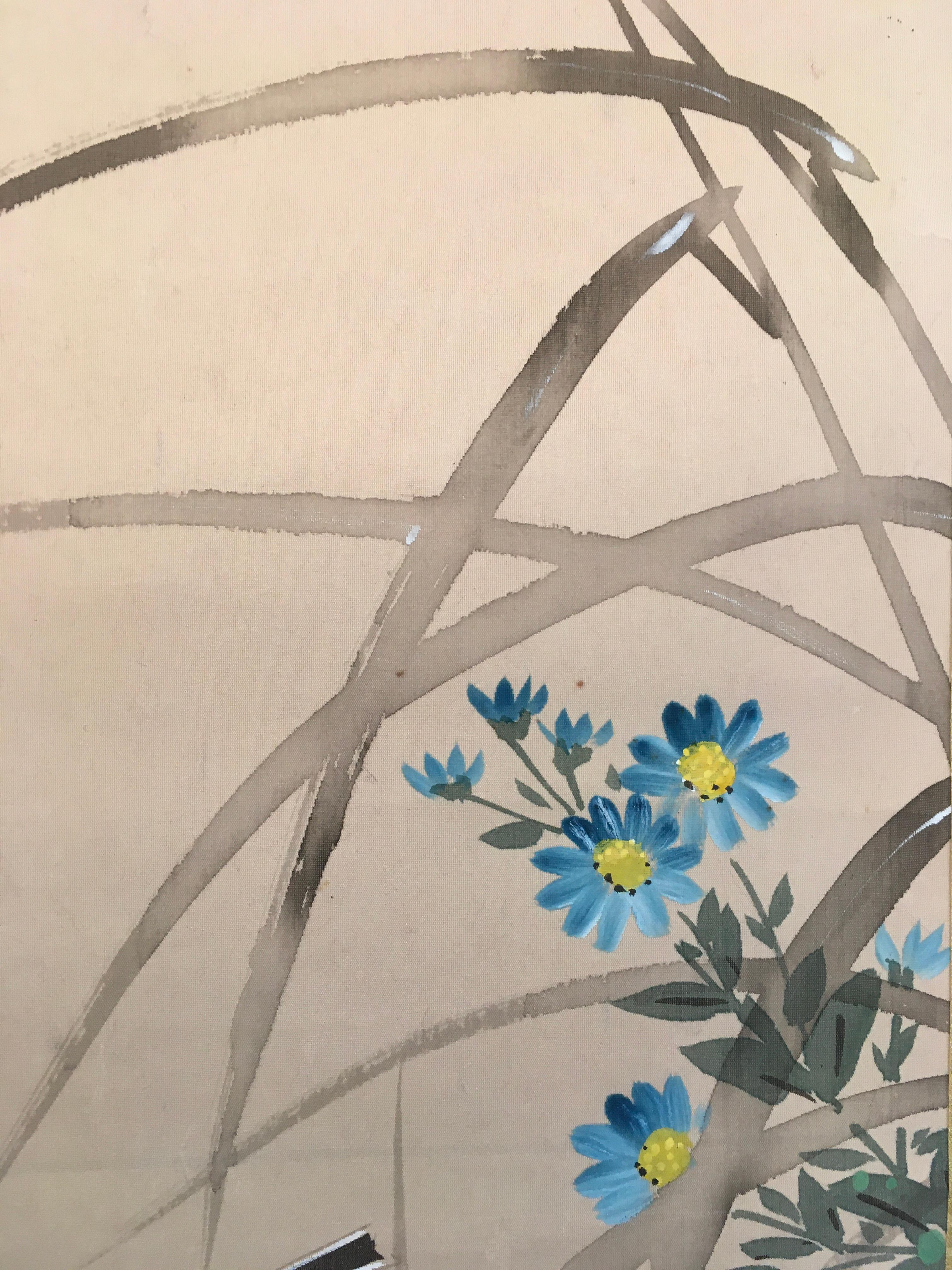 « Bird on Rock with Blue Flowers »  Par Unknown, rouleau antique chinois  en vente 7