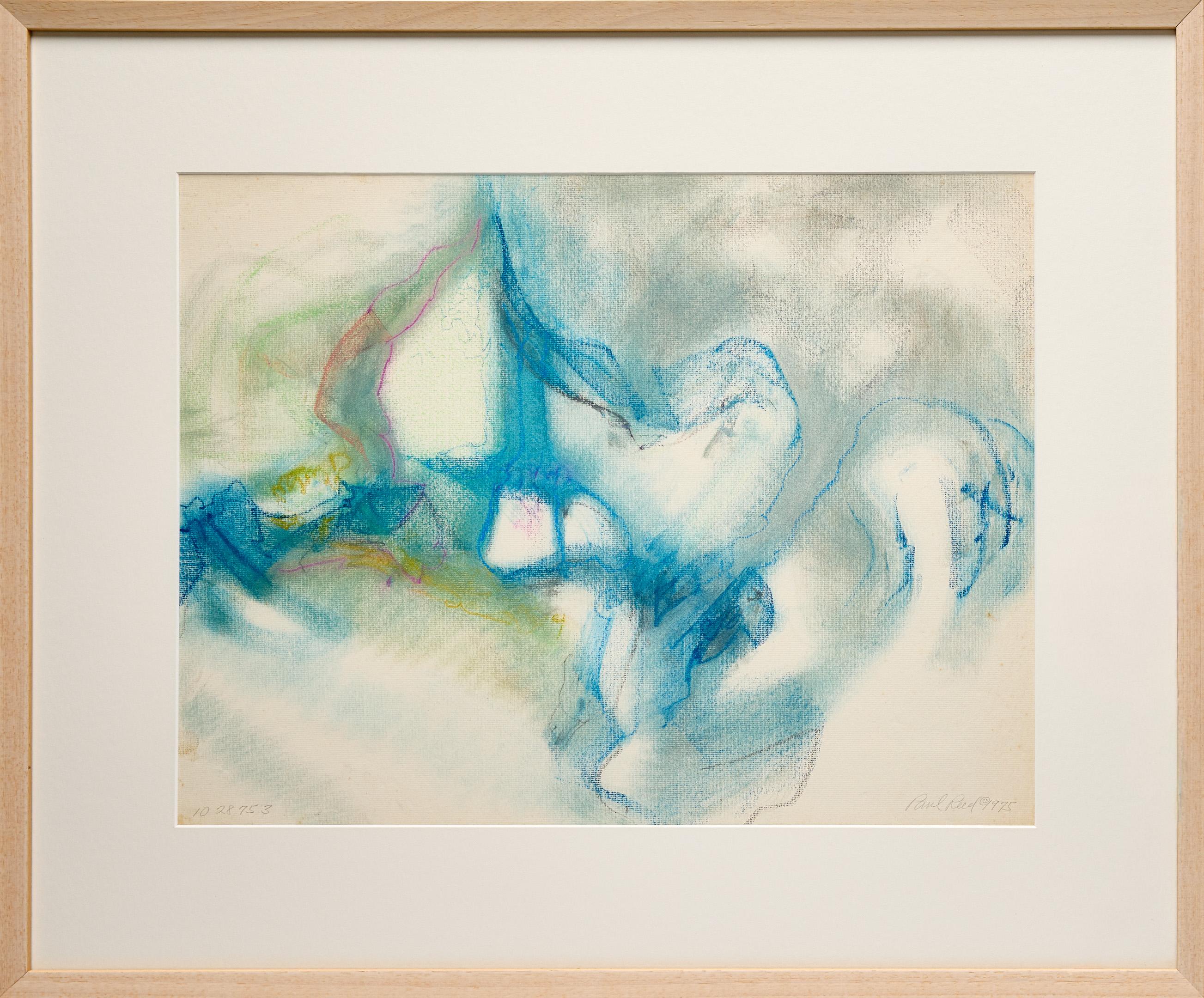 Abstract Blue-Green Oil Pastel by Paul Reed with Pops of Yellow and Red